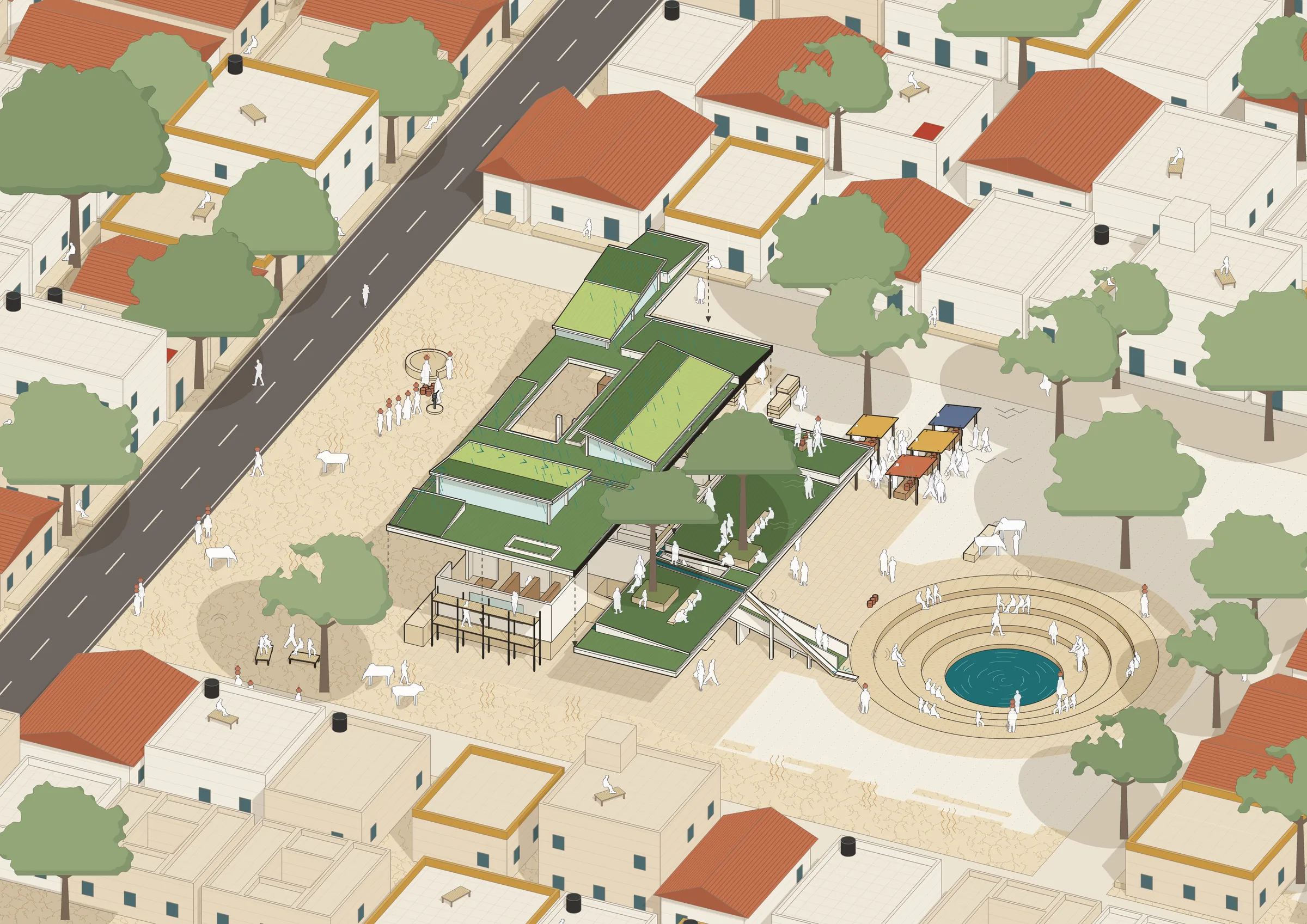 One continuous drawing of the corner site, read left to right: as it was, as the project arrives, and as it changes the place.