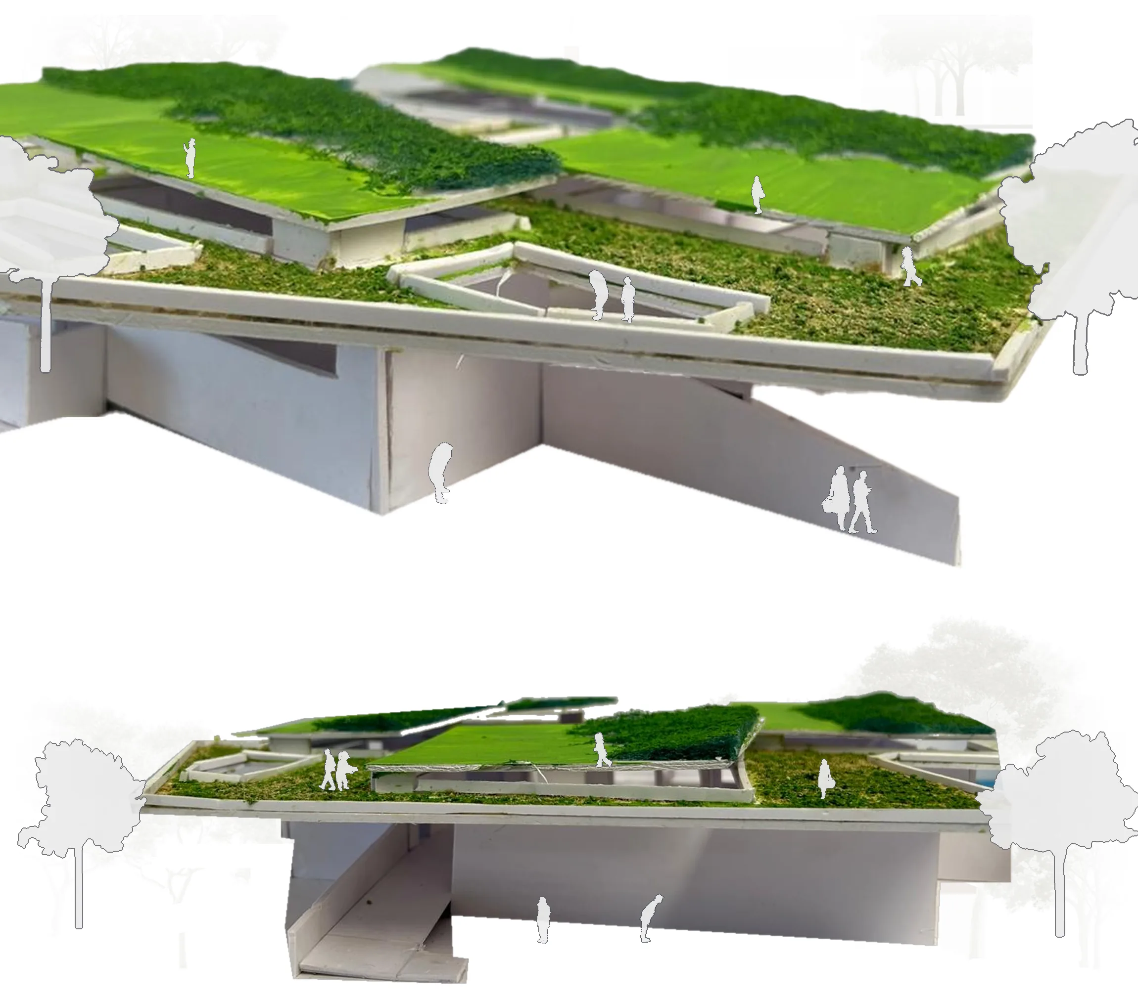 The physical model from two angles, set on a faint drawing of the site.