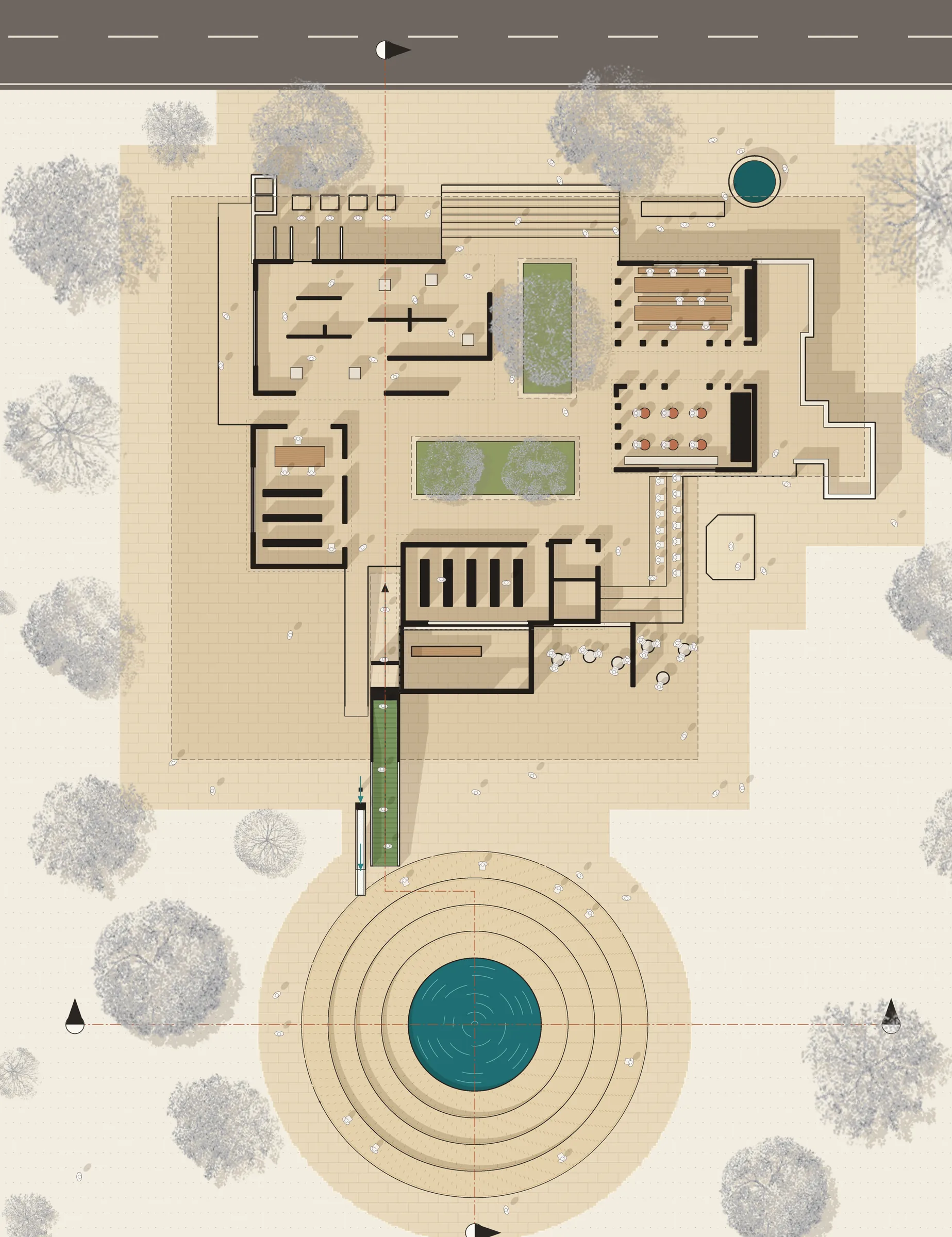Ground plan: museum, library, archive, workshops, café and the kund around two tree courts.