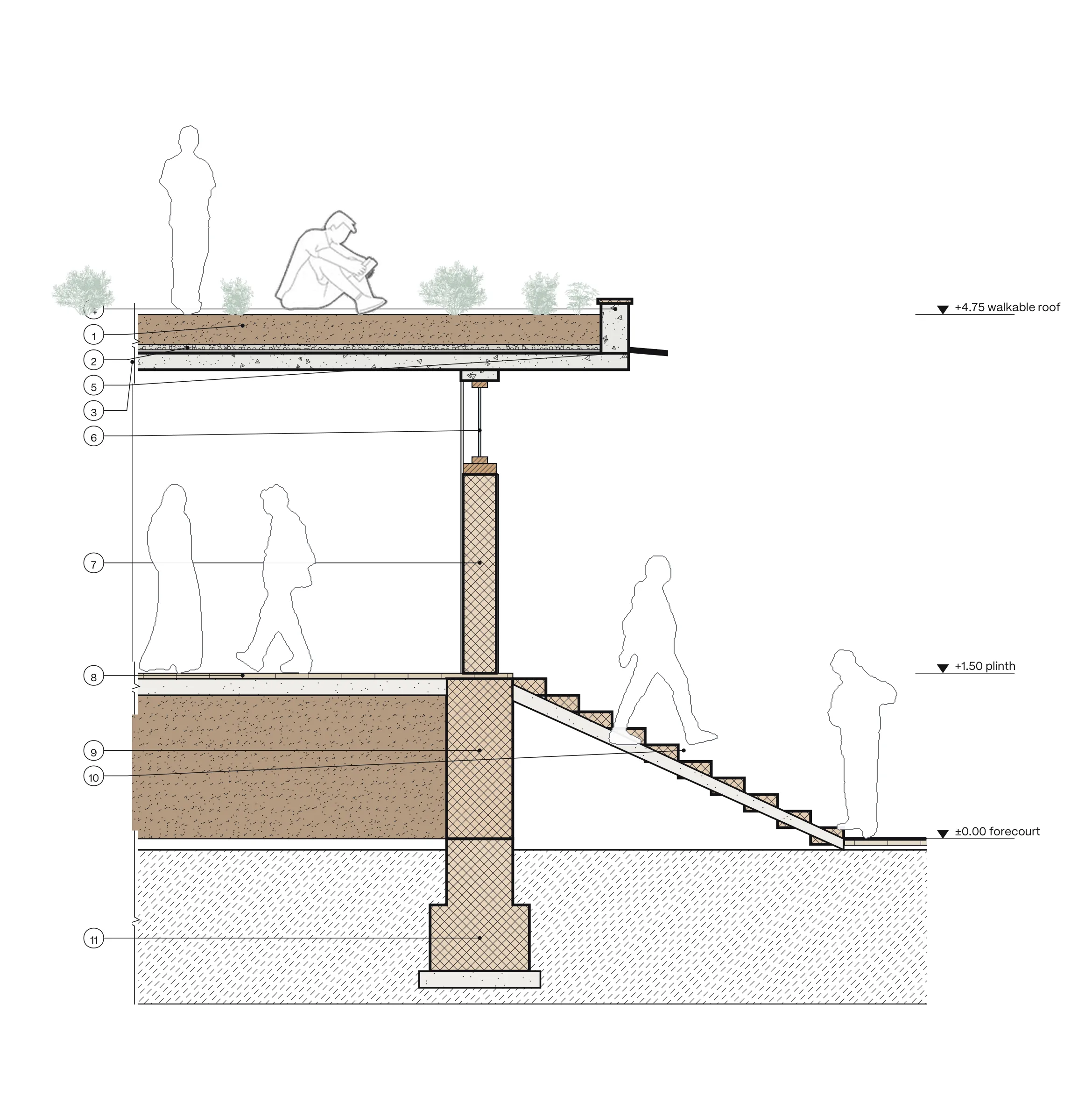 Wall section through the green roof, the stone wall and the kund steps.