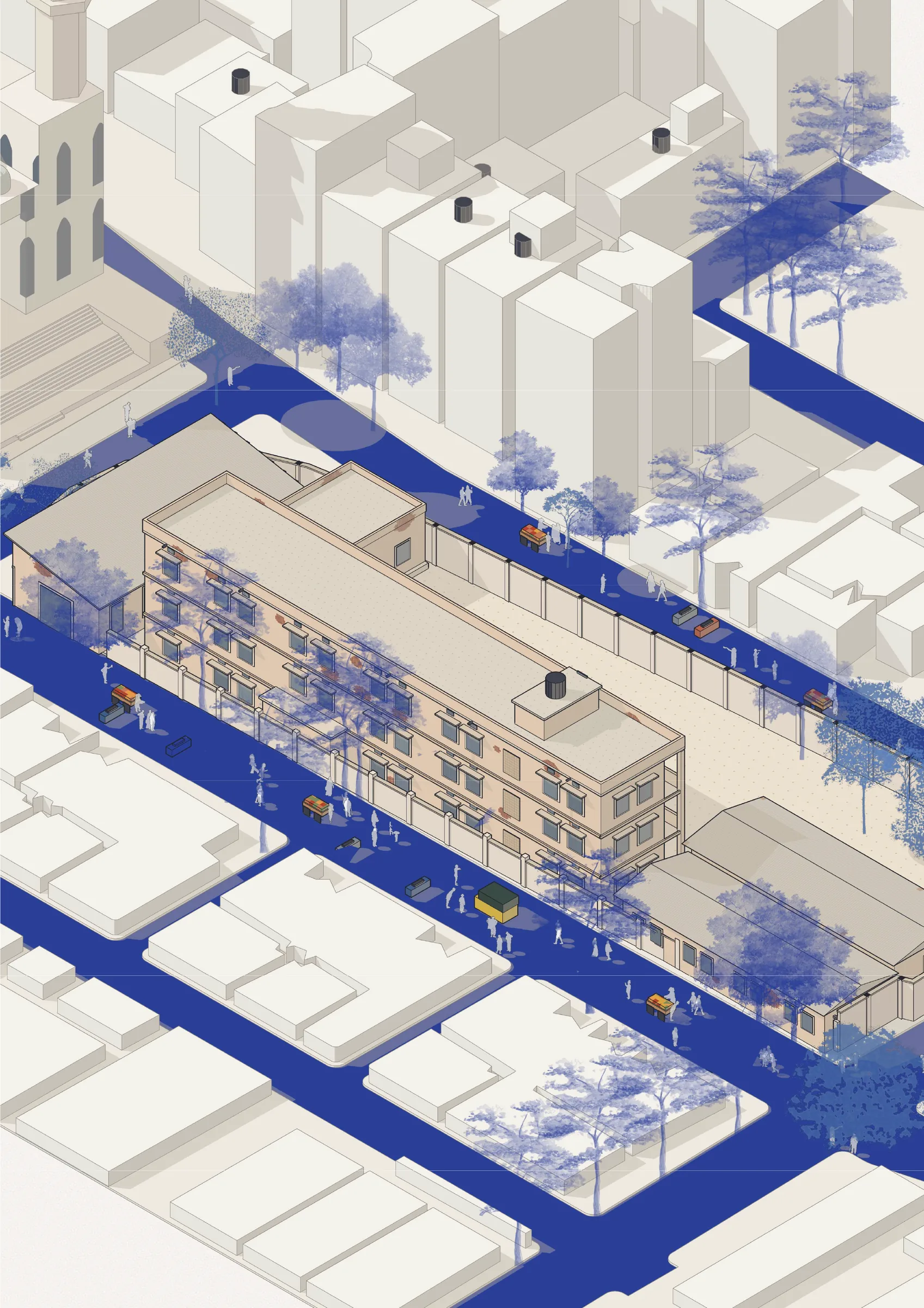 Isometric of the original site condition: the school in its compound on the galli.