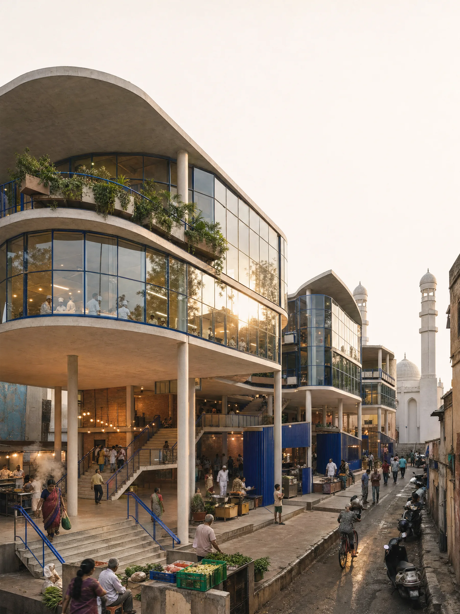 View from the galli: the souk on the ground floor, the curved planted slabs above, the mosque's minaret behind.