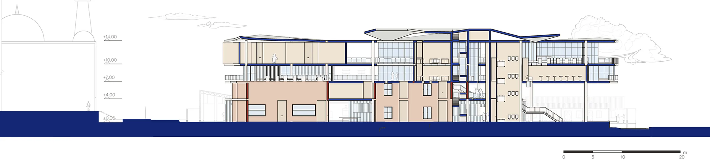 Section AA' through the institute: the retained school below, the new floors above.