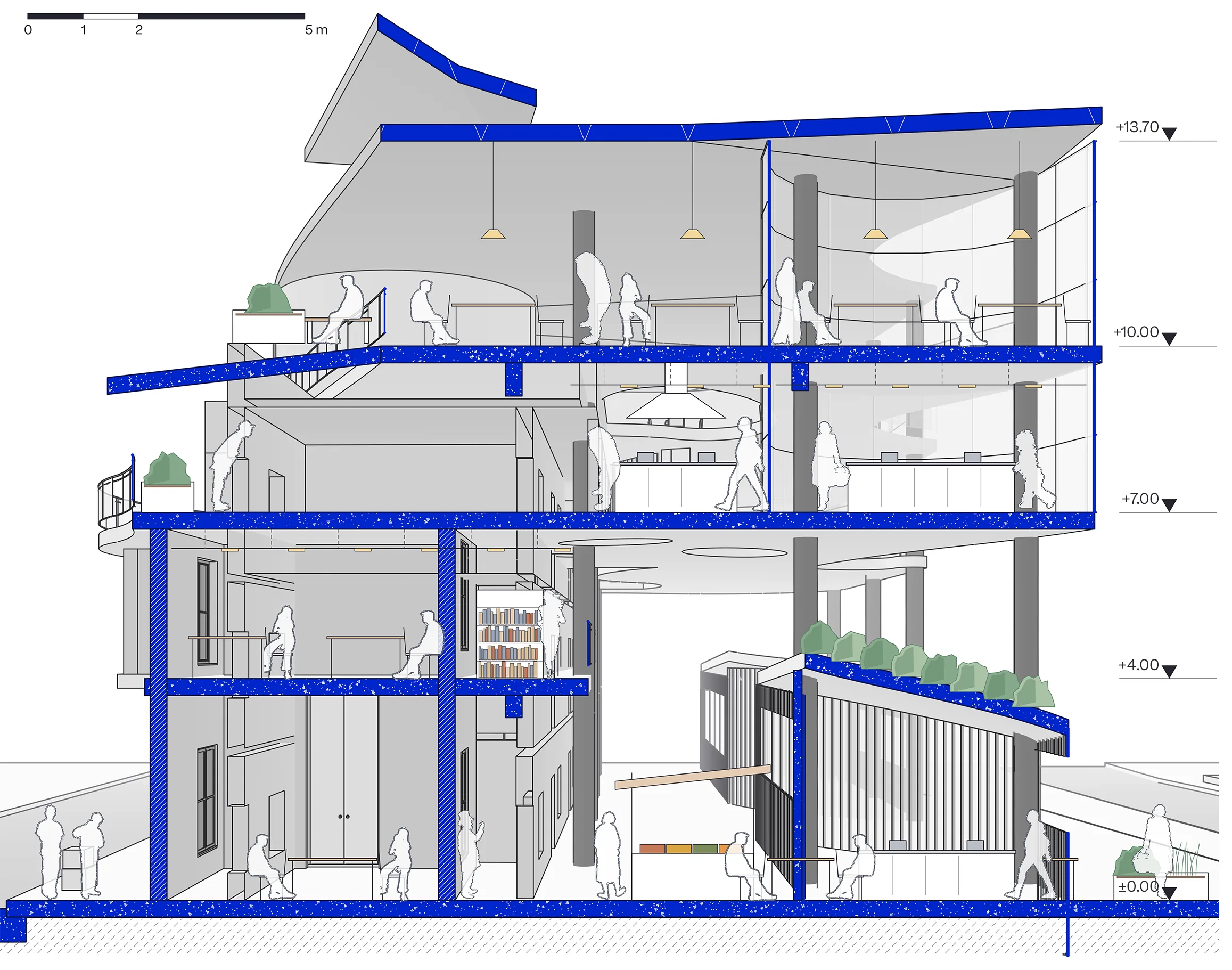 Sectional perspective through the retained school and the new insert, looking west.