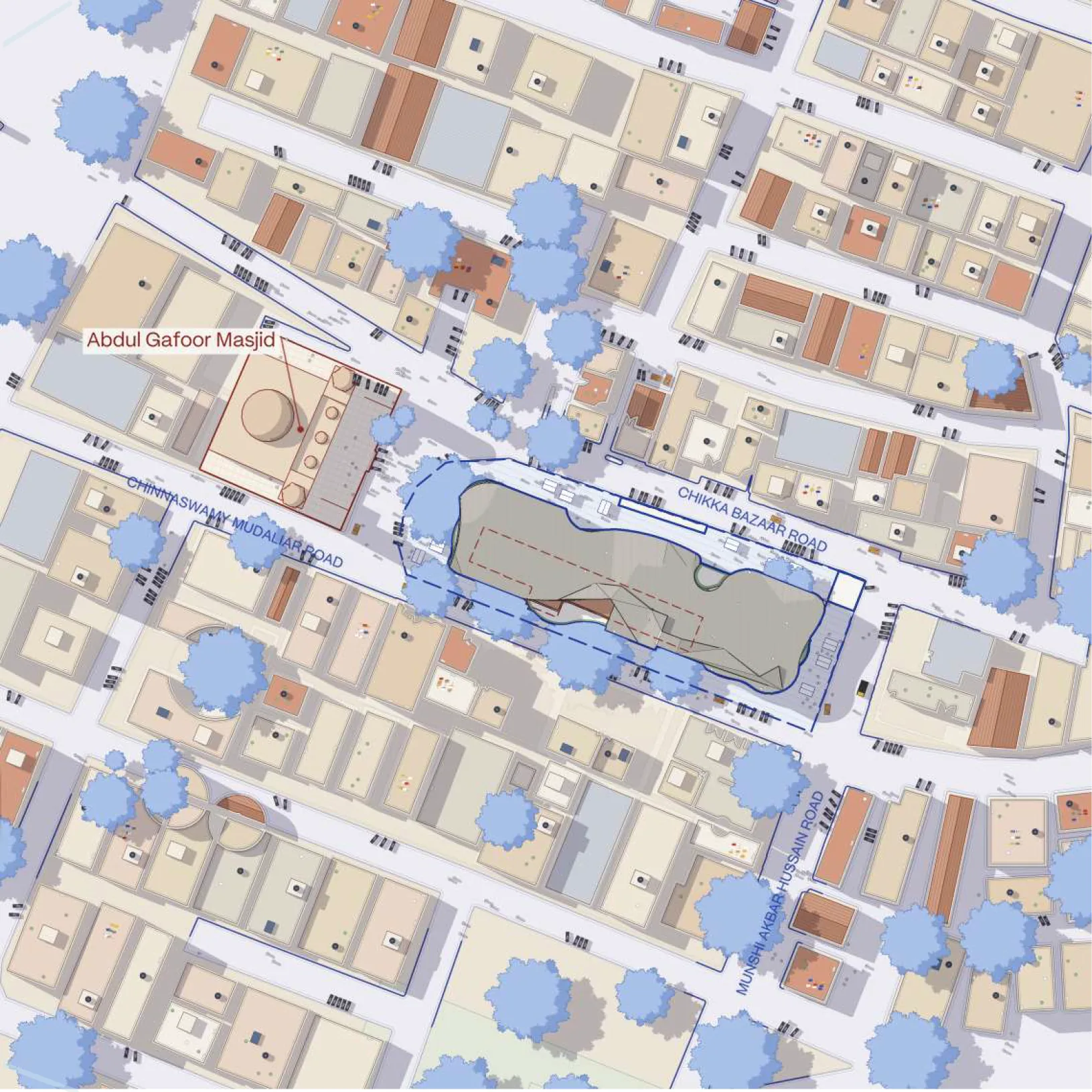 Immediate context map in blue: the roads, the mosque and the school.