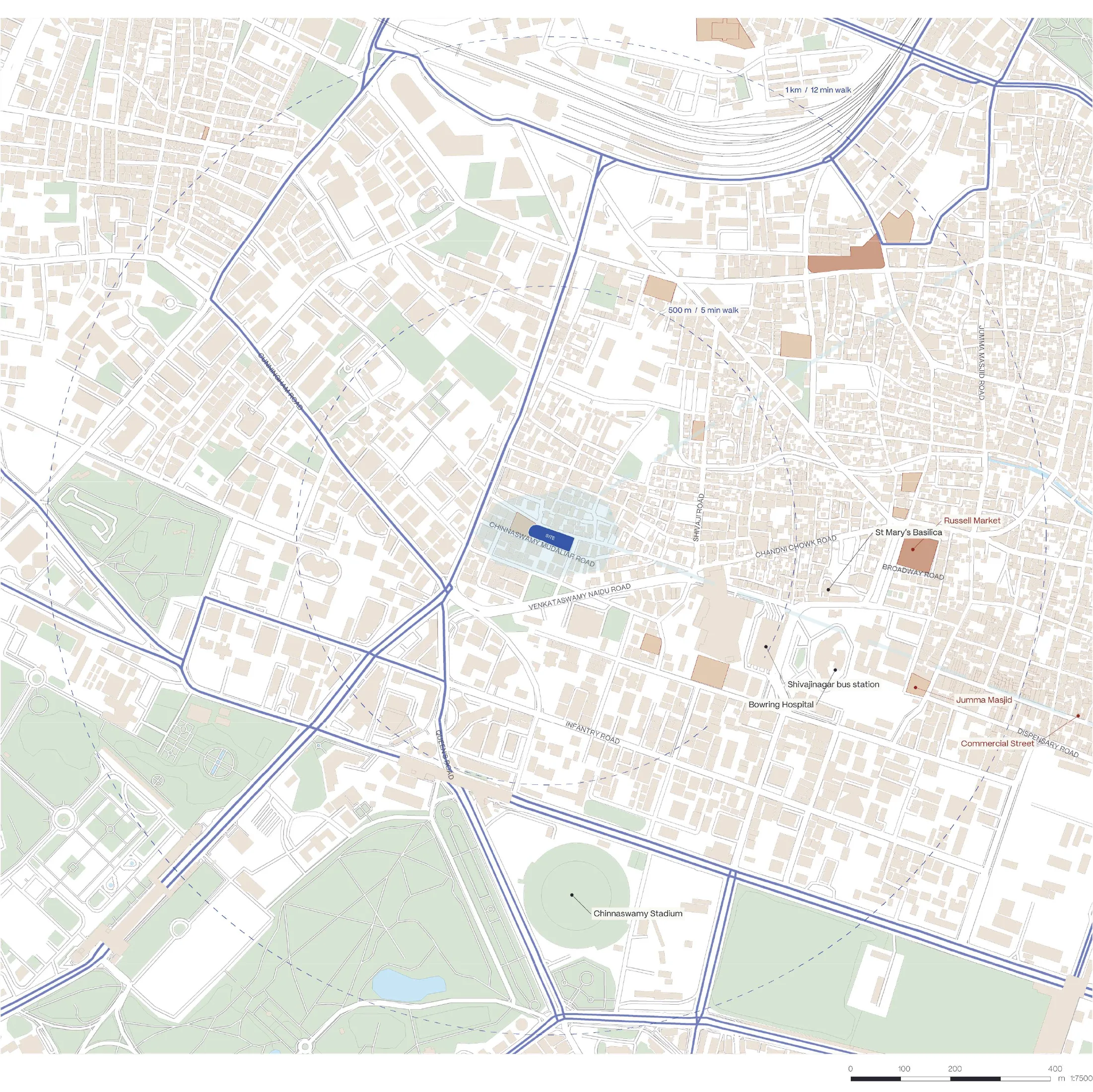 Figure-ground map of Shivajinagar with the site marked.