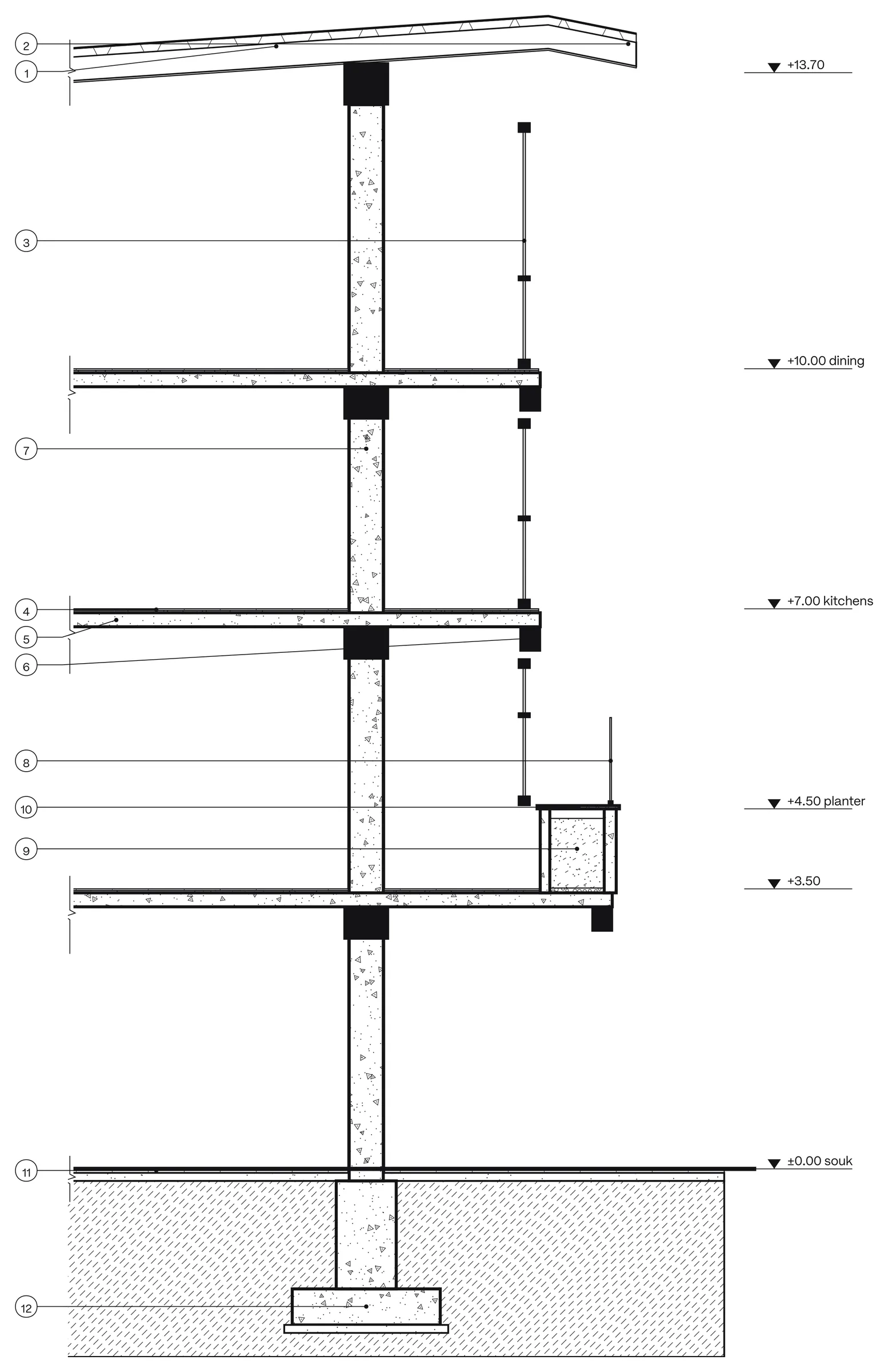Wall section at 1:75 through the new steel-and-glass edge.