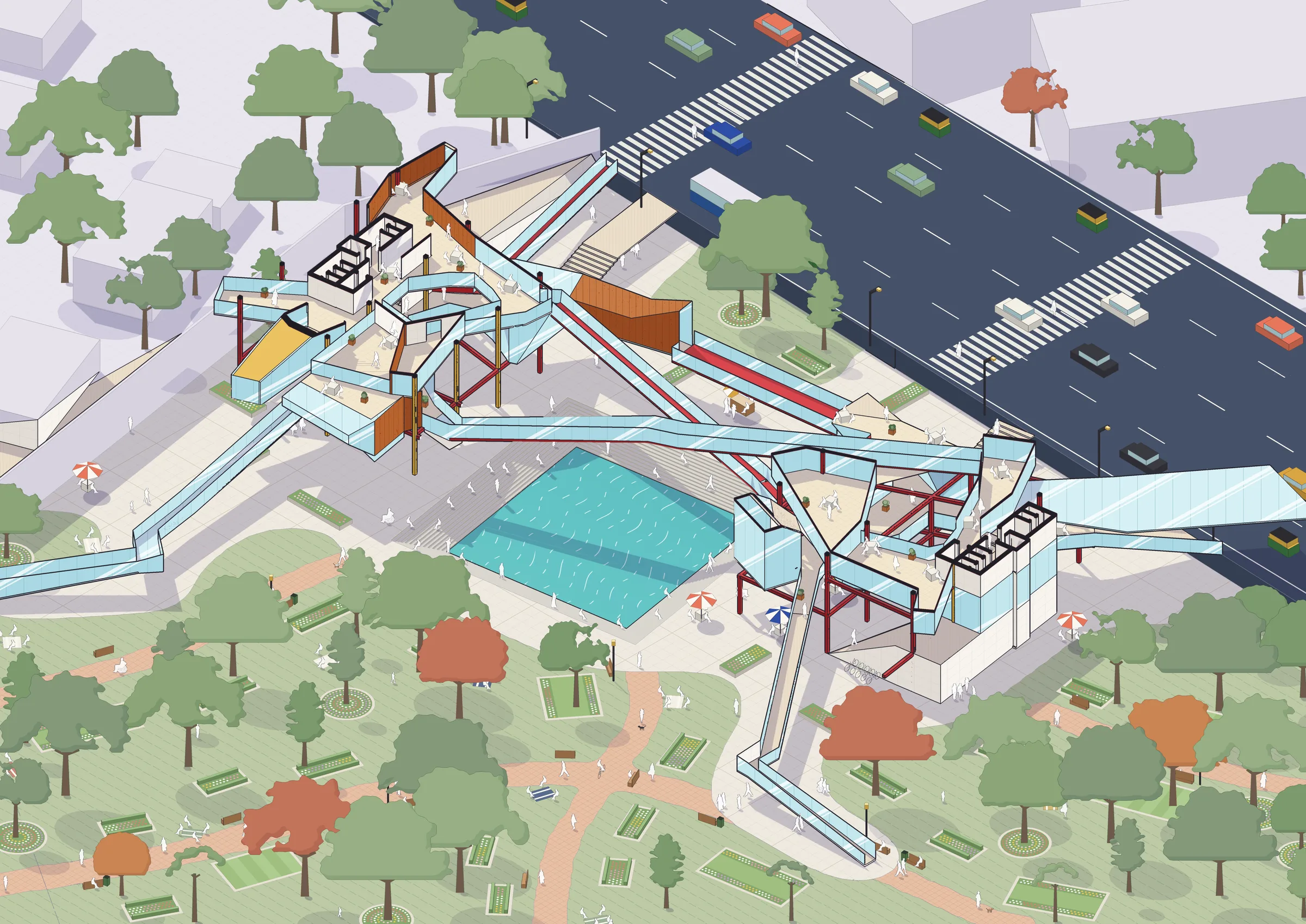 Illustrated cutaway axonometric full of people: reading, talking, looking out at the trees.