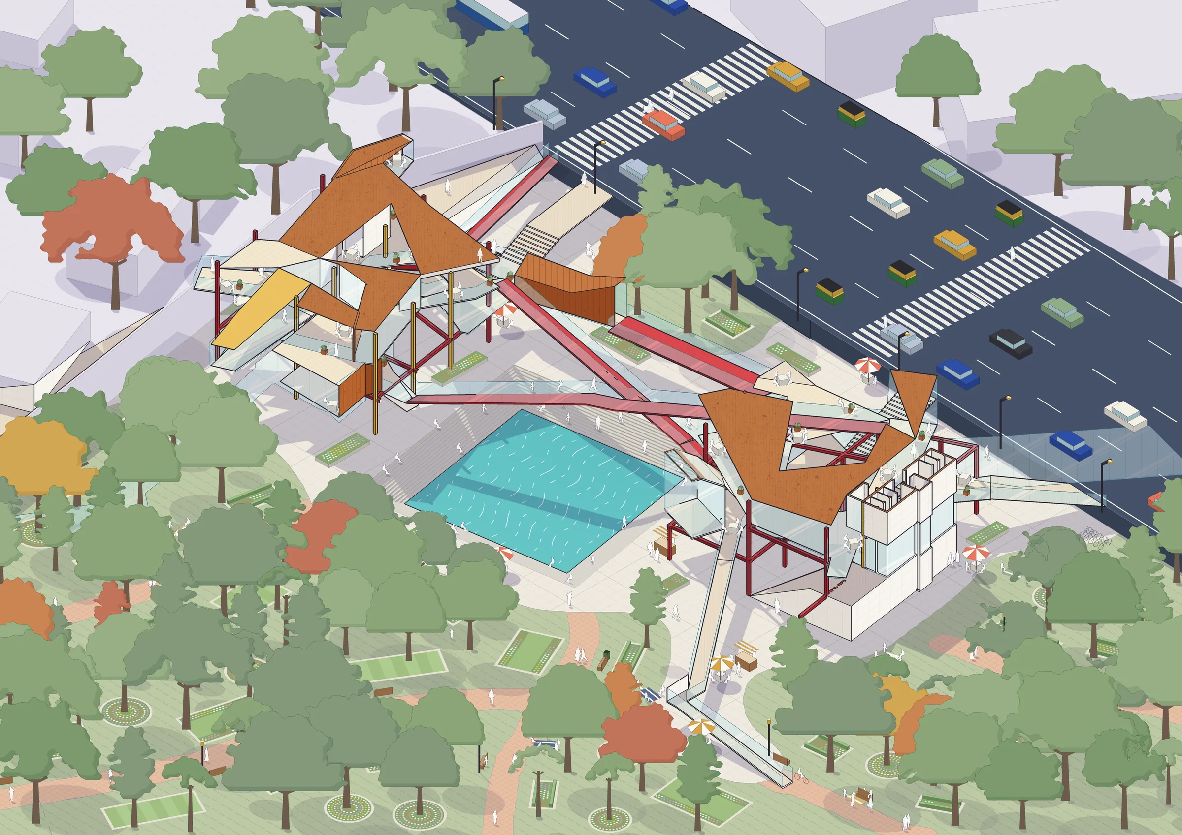 Illustrated cutaway axonometric: the pavilion over the kalyani, Kasturba Road above, the park's trees all around.