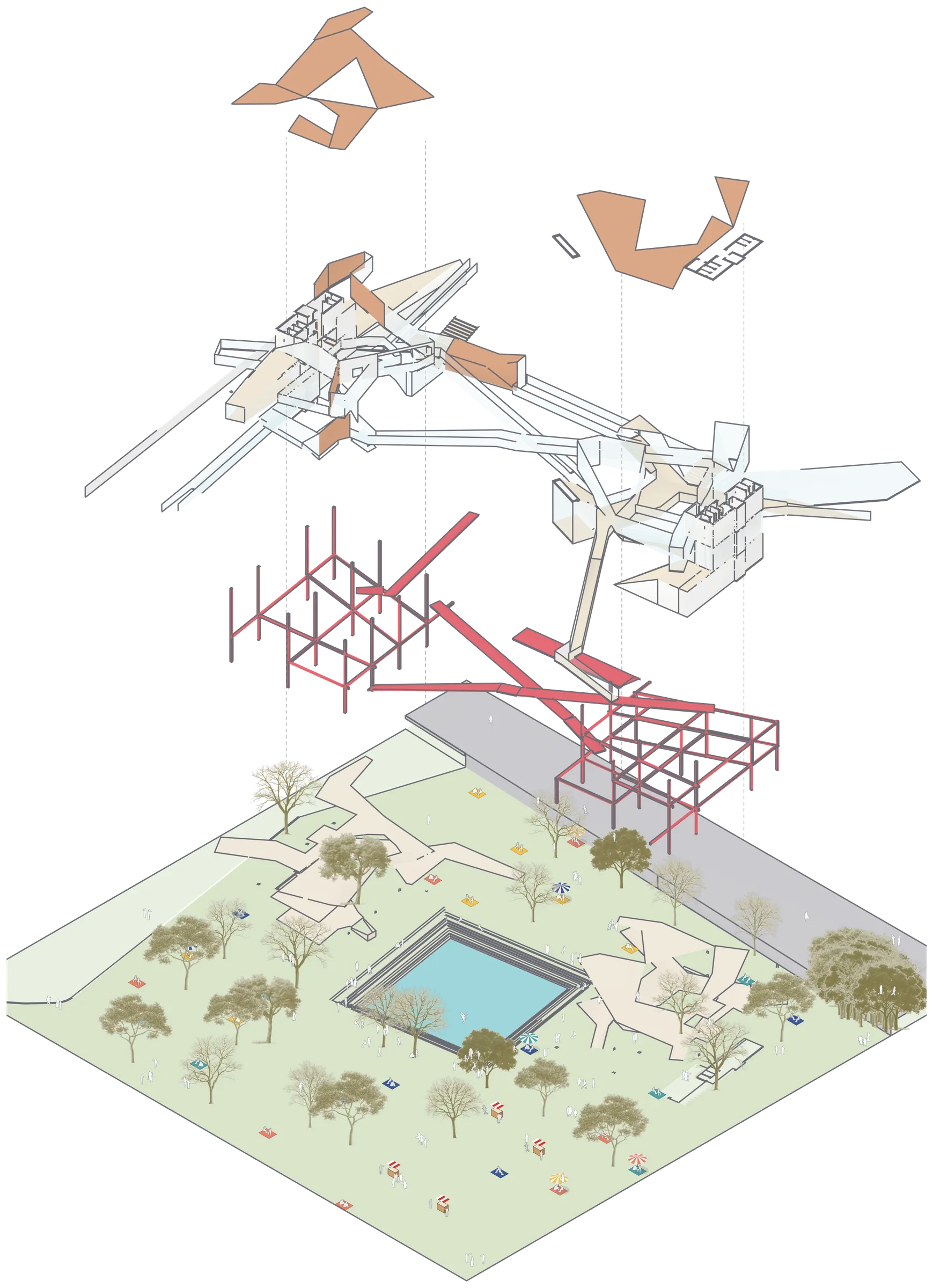 Exploded axonometric in four layers: the park ground, the red steel frame, the rooms and bridges, and the folded Corten roof.