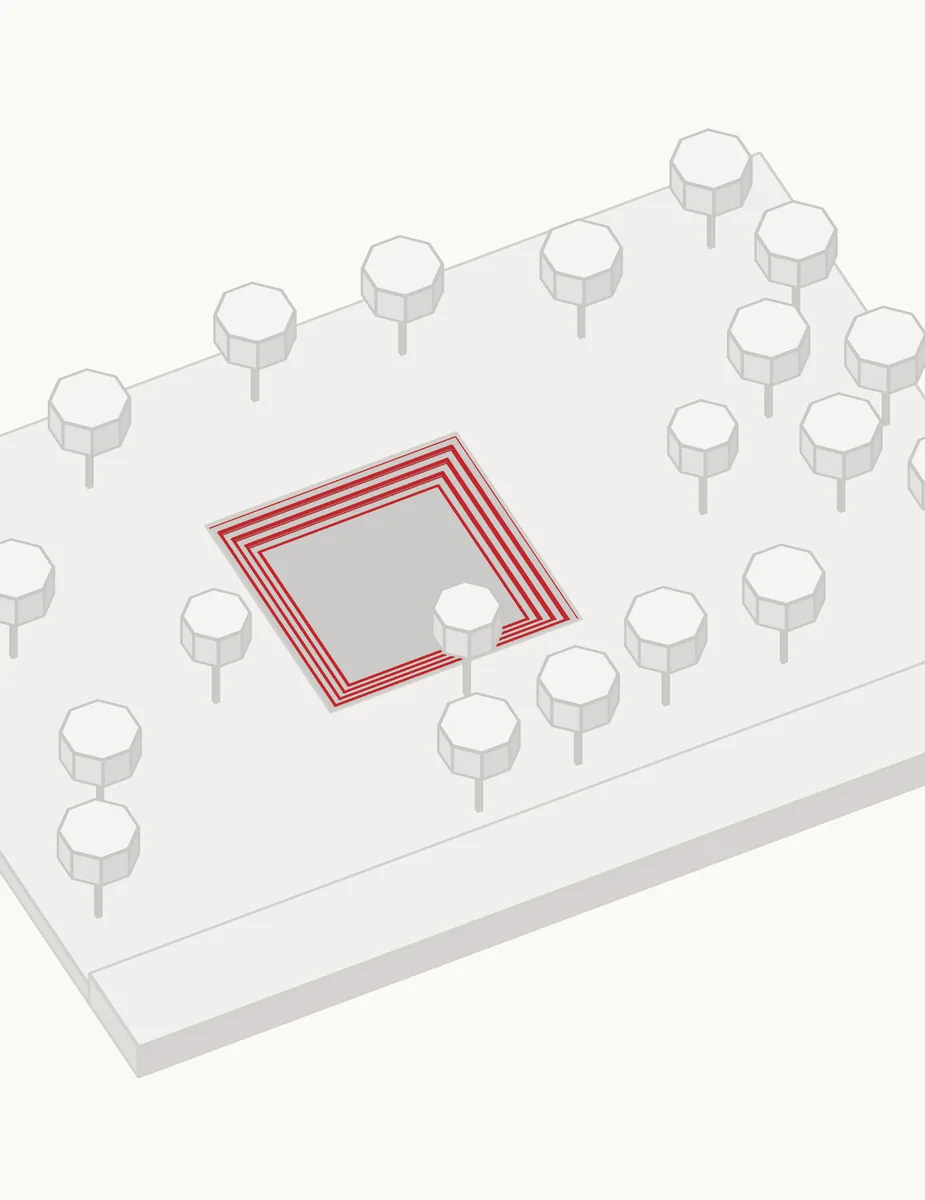 Form development, step 1. Centre: the kalyani becomes the centre of the plan.