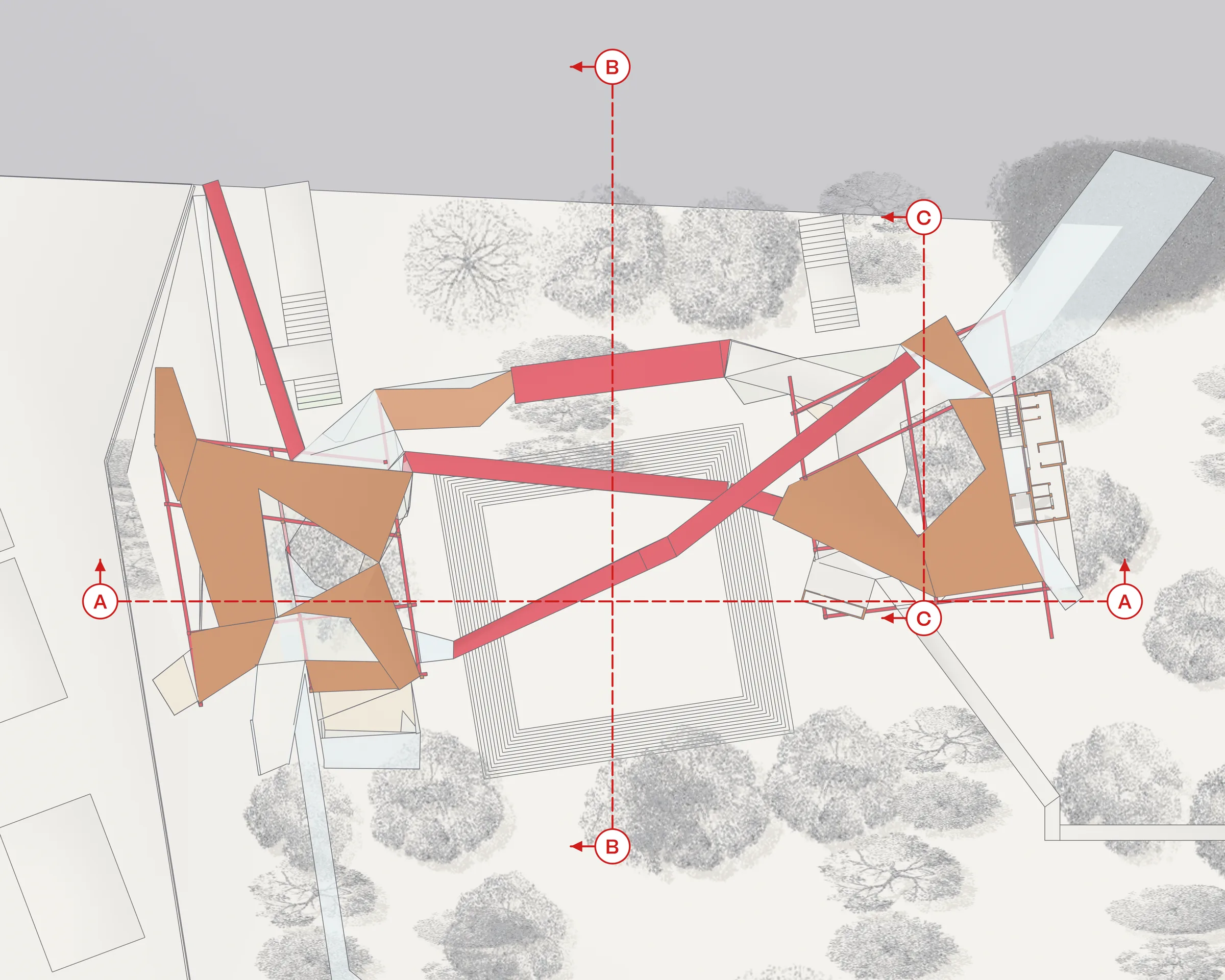 Key plan with the roof in colour and the section lines A, B and C.