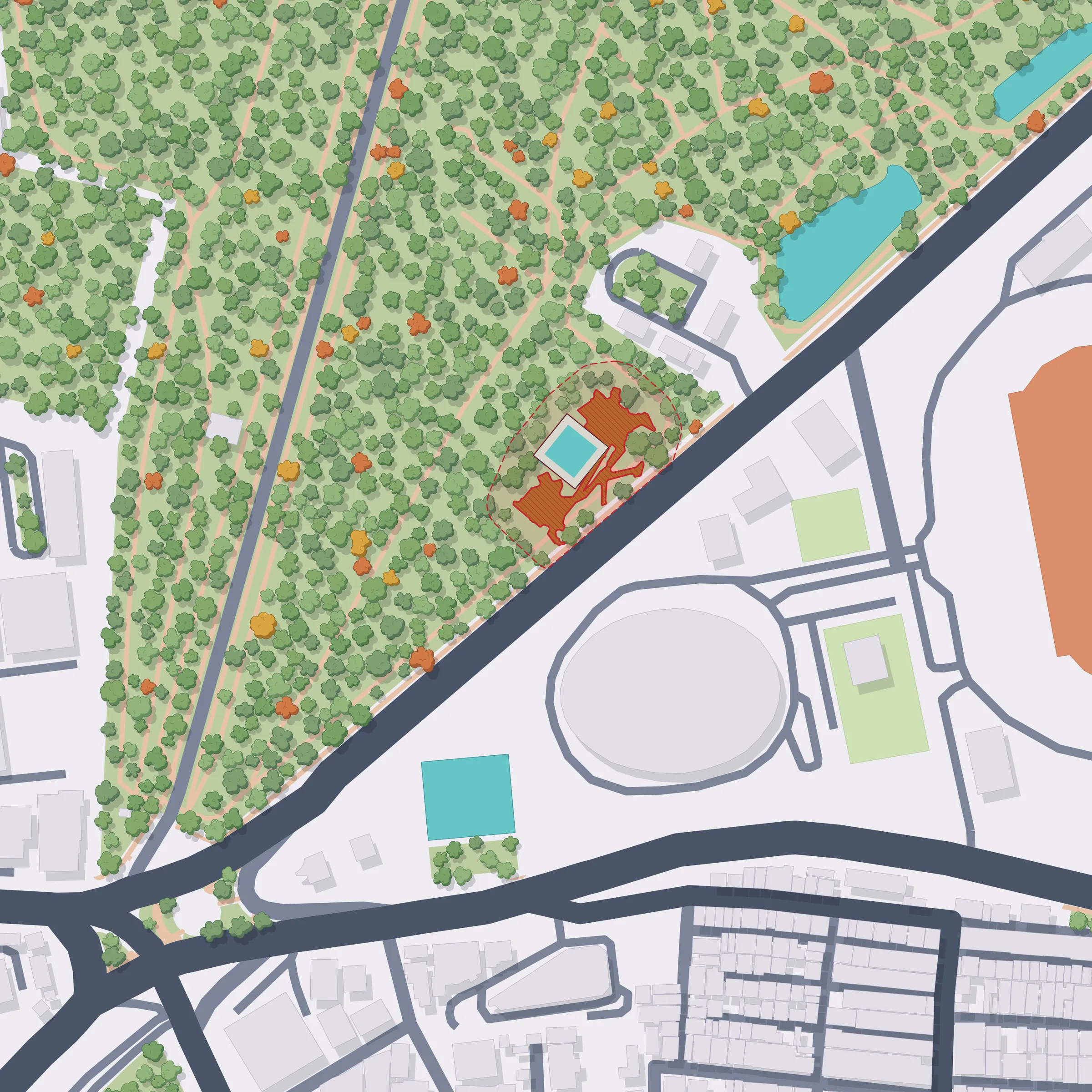 Masterplan of the eastern edge of Cubbon Park with the stadium, Kasturba Road and the kalyani.