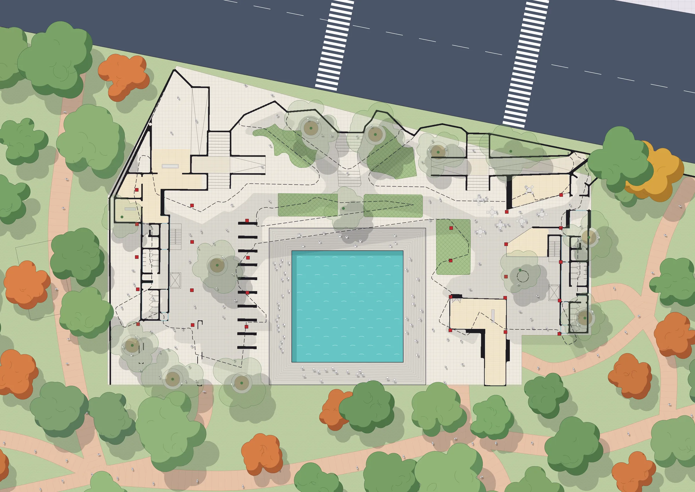Ground floor plan: the kalyani at the centre, the park running underneath.