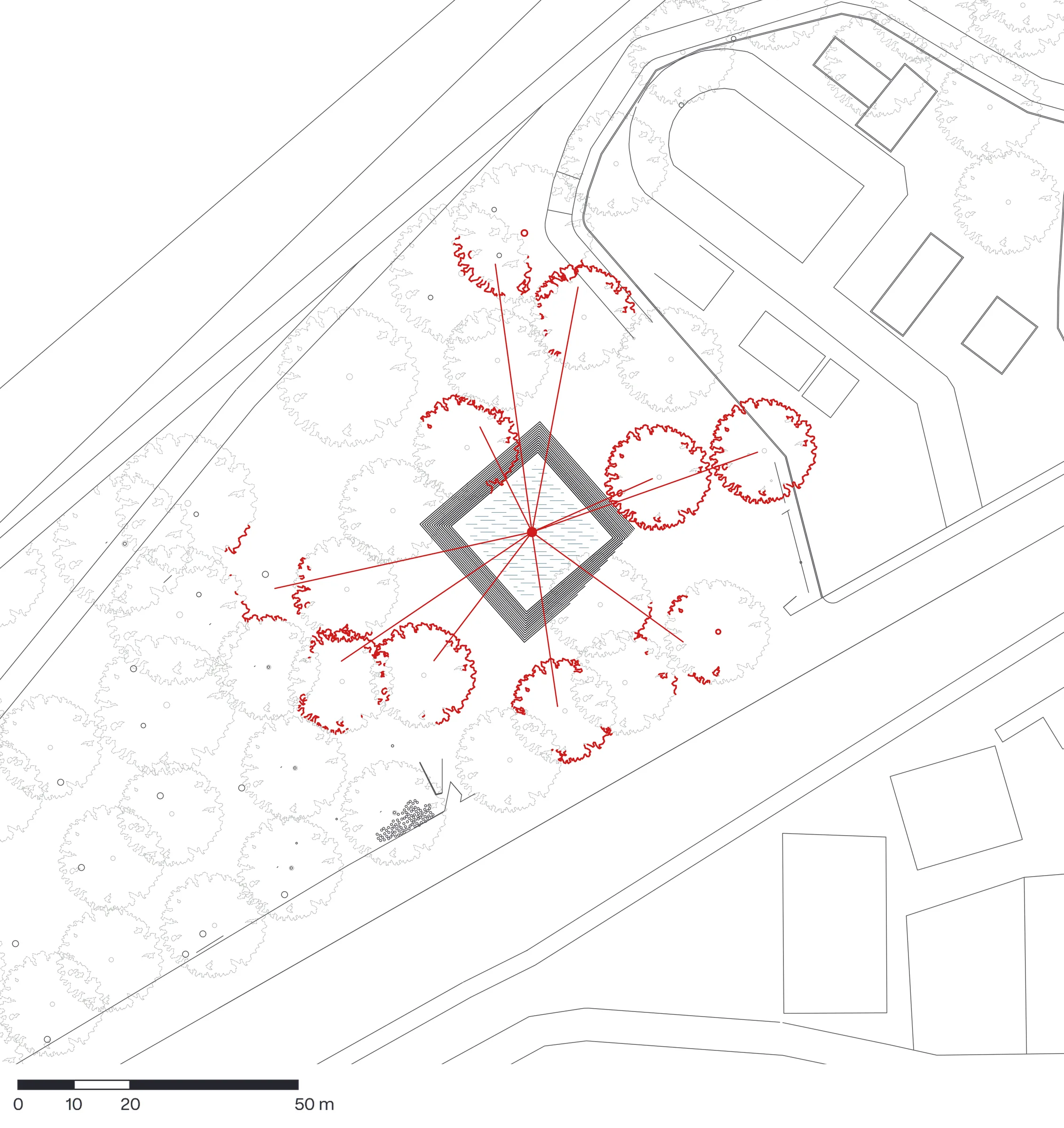 Plan with lines of sight drawn from the kalyani to the centre of every tree crown around it.