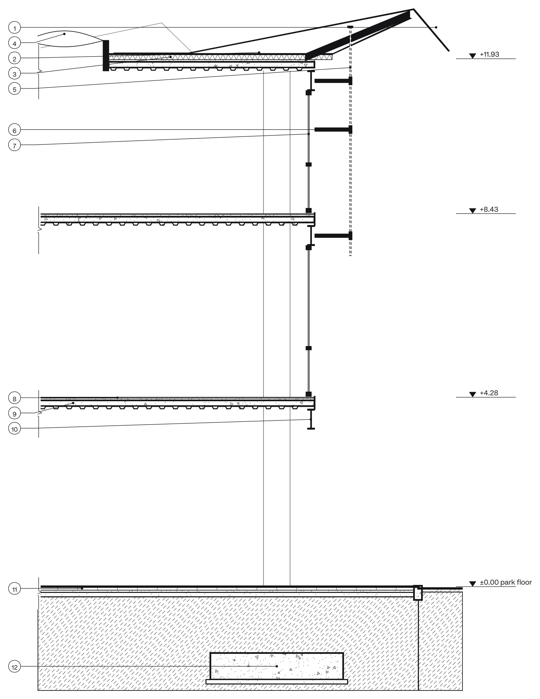 Wall section through the Corten edge, from the park floor to the roof.