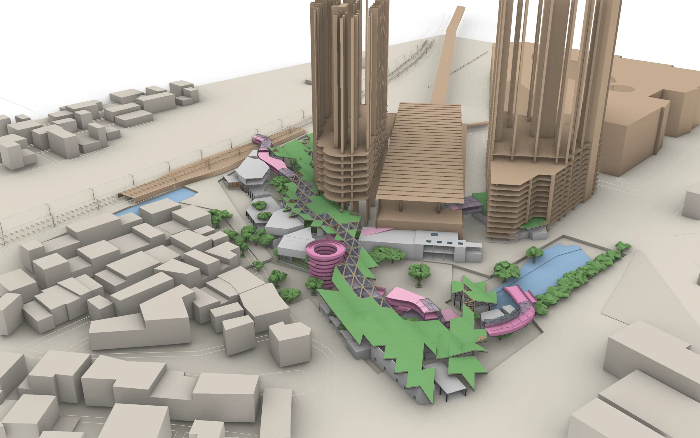 The jury model in context: the green hide and pink ribbon grafted onto Mantri Square, beside the towers, the metro and the nala pond.