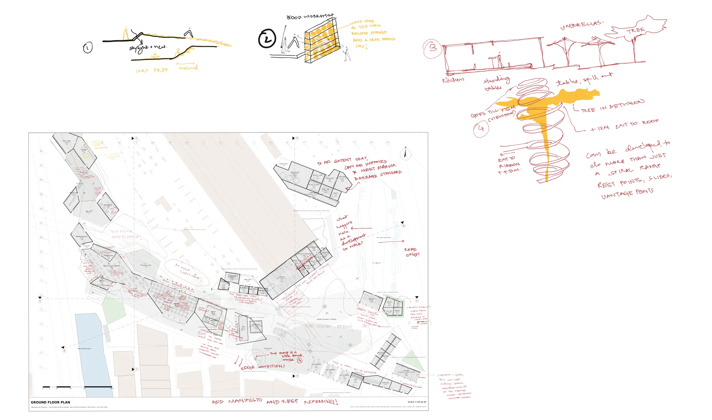 Crit markup: my ground floor plan with red-pen notes ('too much empty space!', 'what happens here as a development to the nala?', 'add manifesto and keep referring!') and four sketches that came out of it: a mound with skylight over the clay yard, a wood-log wall for the workshop, kitchen tables spilling out under umbrellas, and a spiral ramp with rest points and slides up to +16 m.
