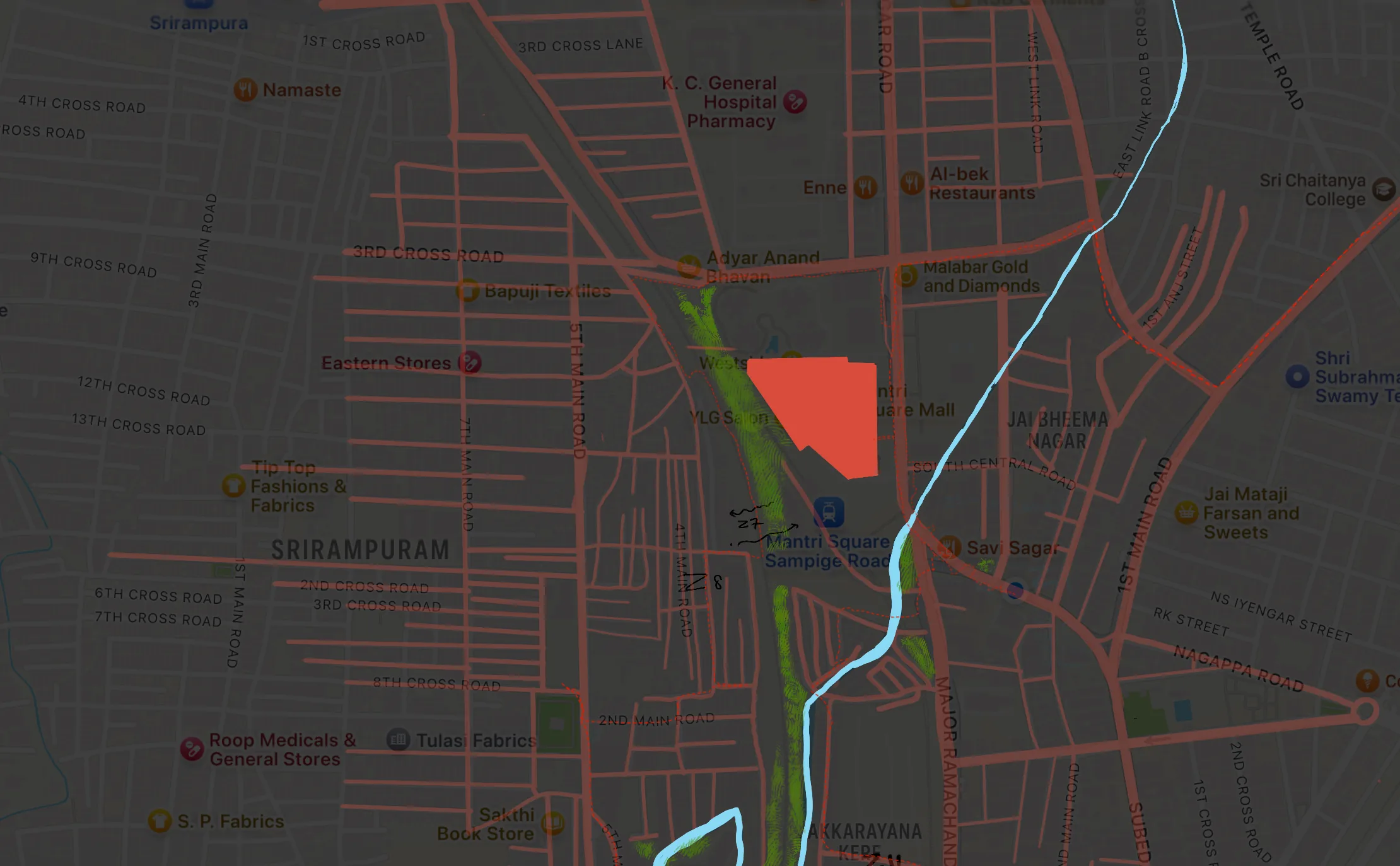 My mapping over the street map: the paths people take (red), the buried nala (blue), unmapped green waste land (green) and the site beside Mantri Square and Sampige Road metro.