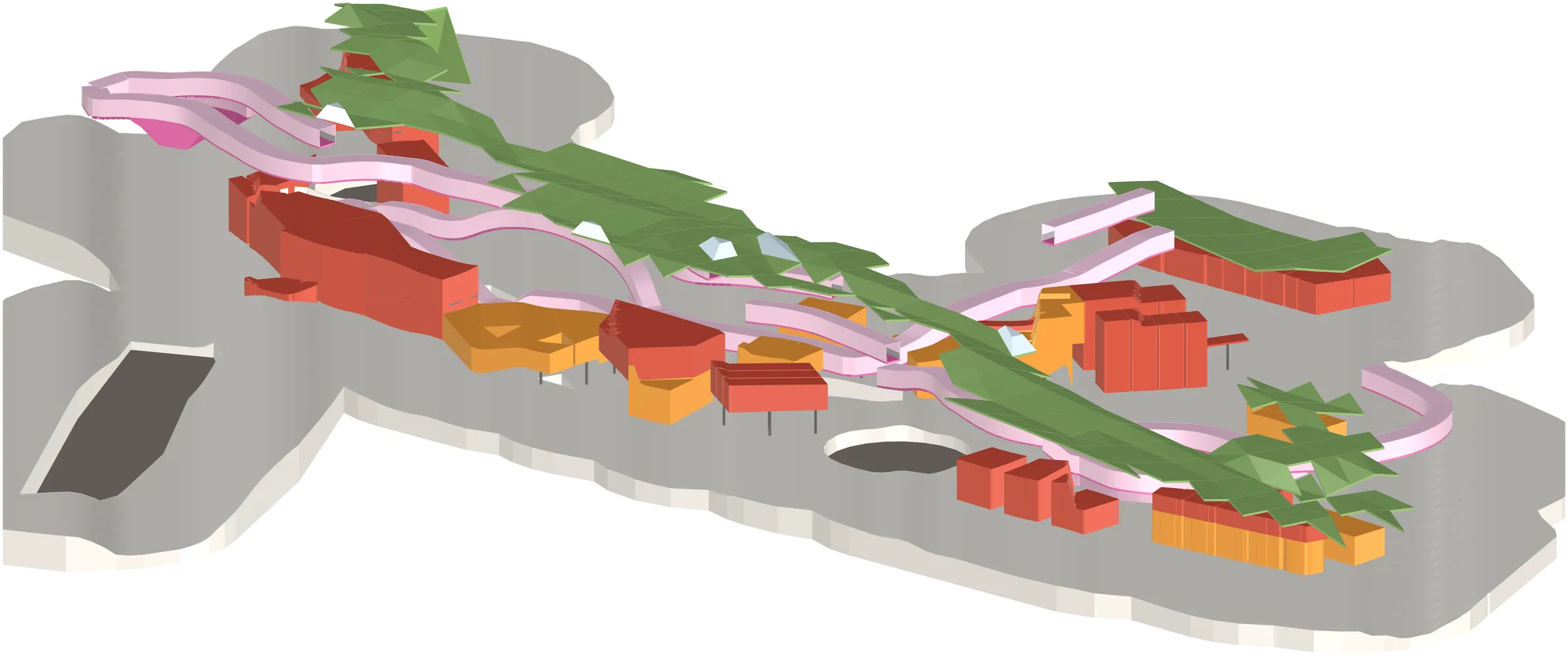 Where it is now (R4): the ground stepping down (grey), the pink ribbon climbing through it, the triangulated green hide over both, making (red) and consuming (orange) rooms.