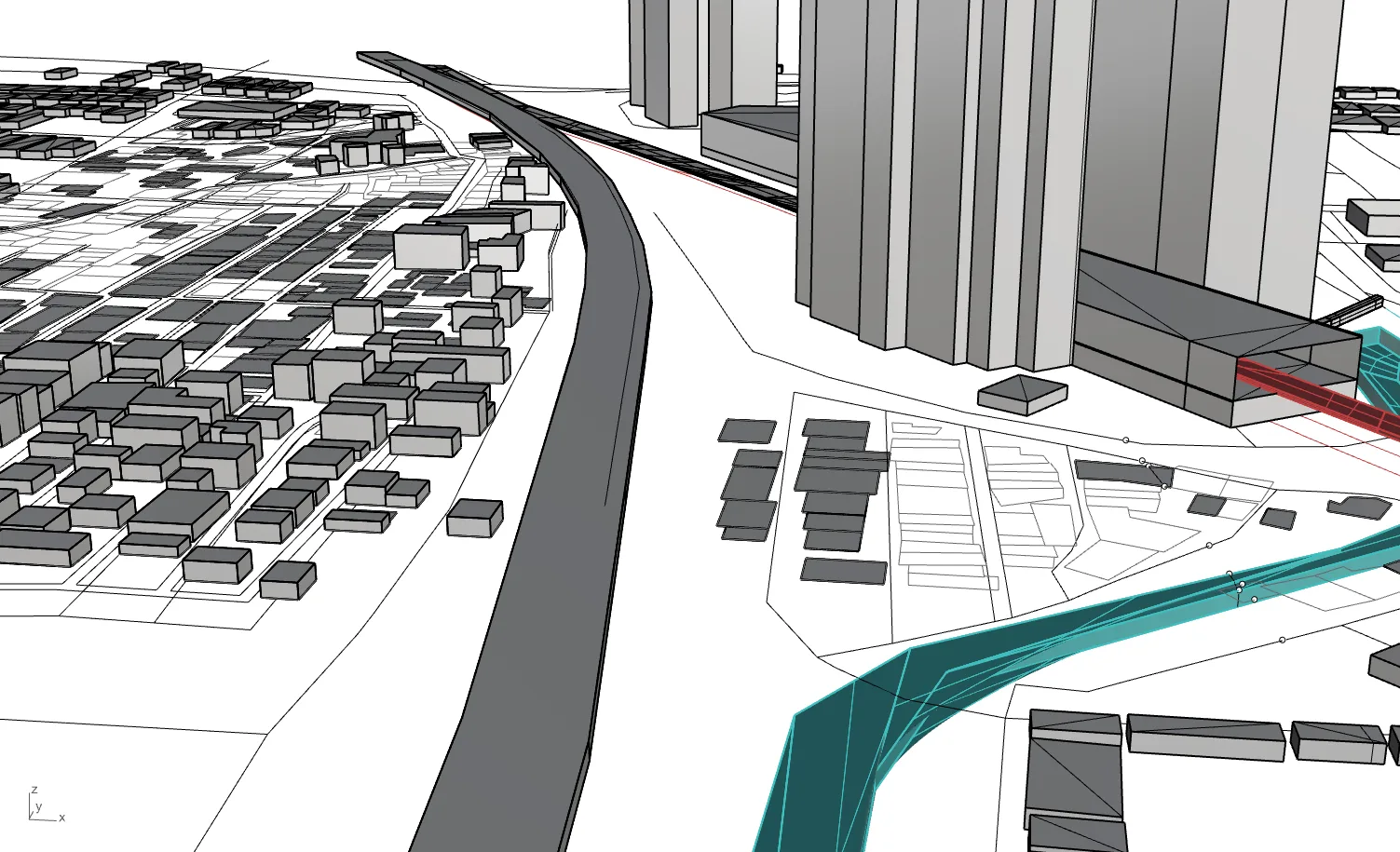 Site model: the rail moat dividing Srirampura from Mantri Square, the metro viaduct and the towers.