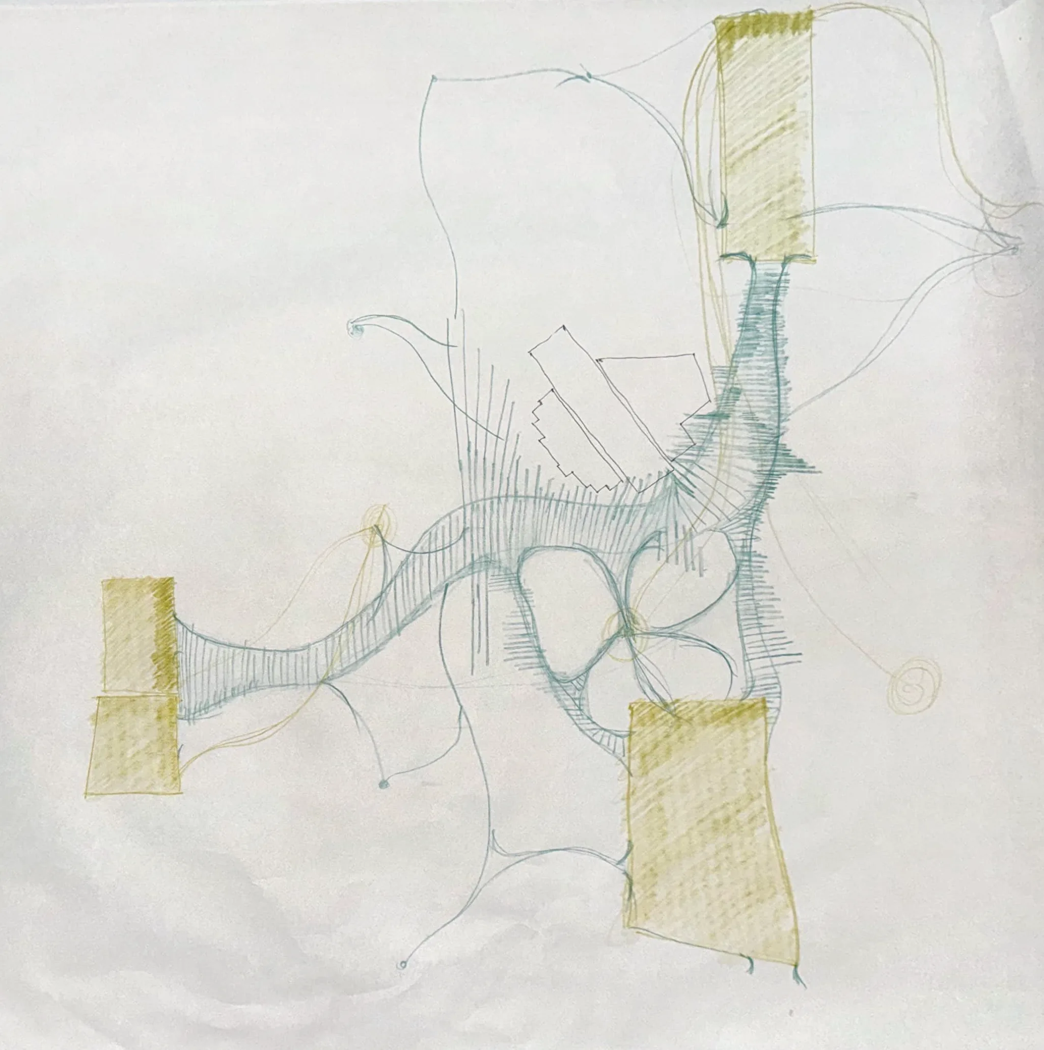 Butter paper: bodies that branch and knot, a blue hatched network between two yellow blocks.