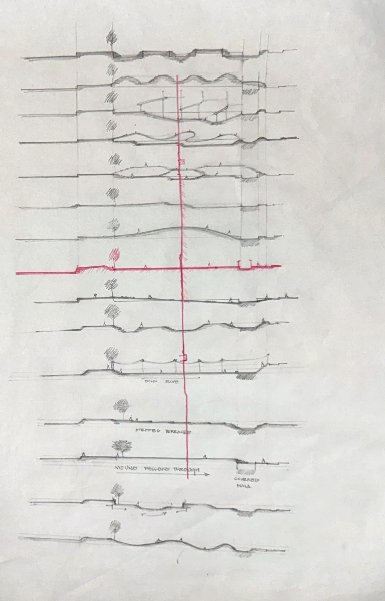 Butter paper: a stack of cross-sections cut along the site at even intervals, the uneven ground, one cut picked out in red.