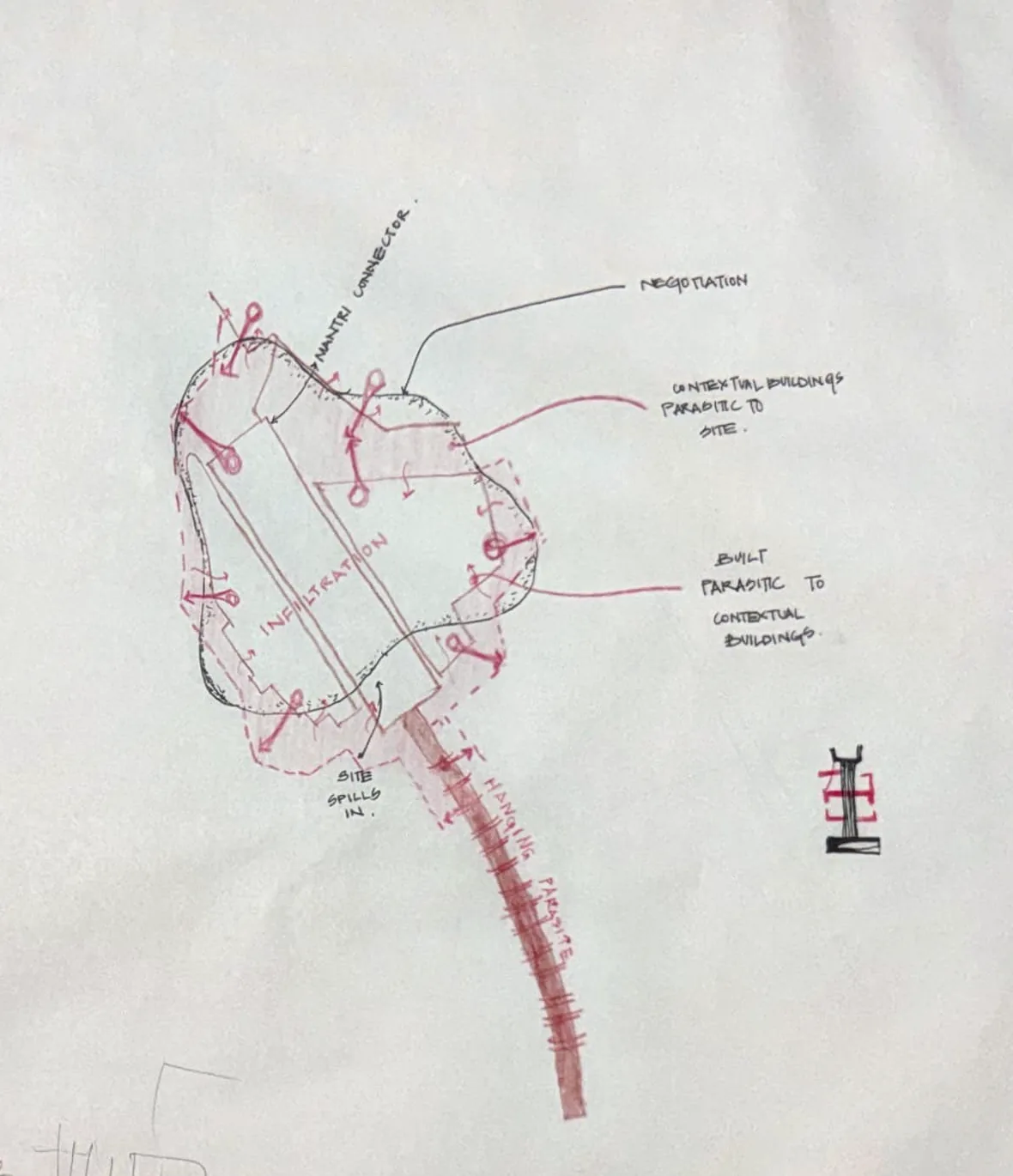 Butter paper: the first alligator in red, a body grafted onto the contextual buildings with a long parasitic tail ('infiltration', 'site spills in').