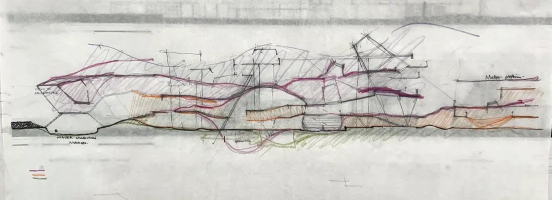 Butter sheet over the printed section B-B': ground, ribbon (pink) and hide redrawn by hand in coloured pencil, pinned up.