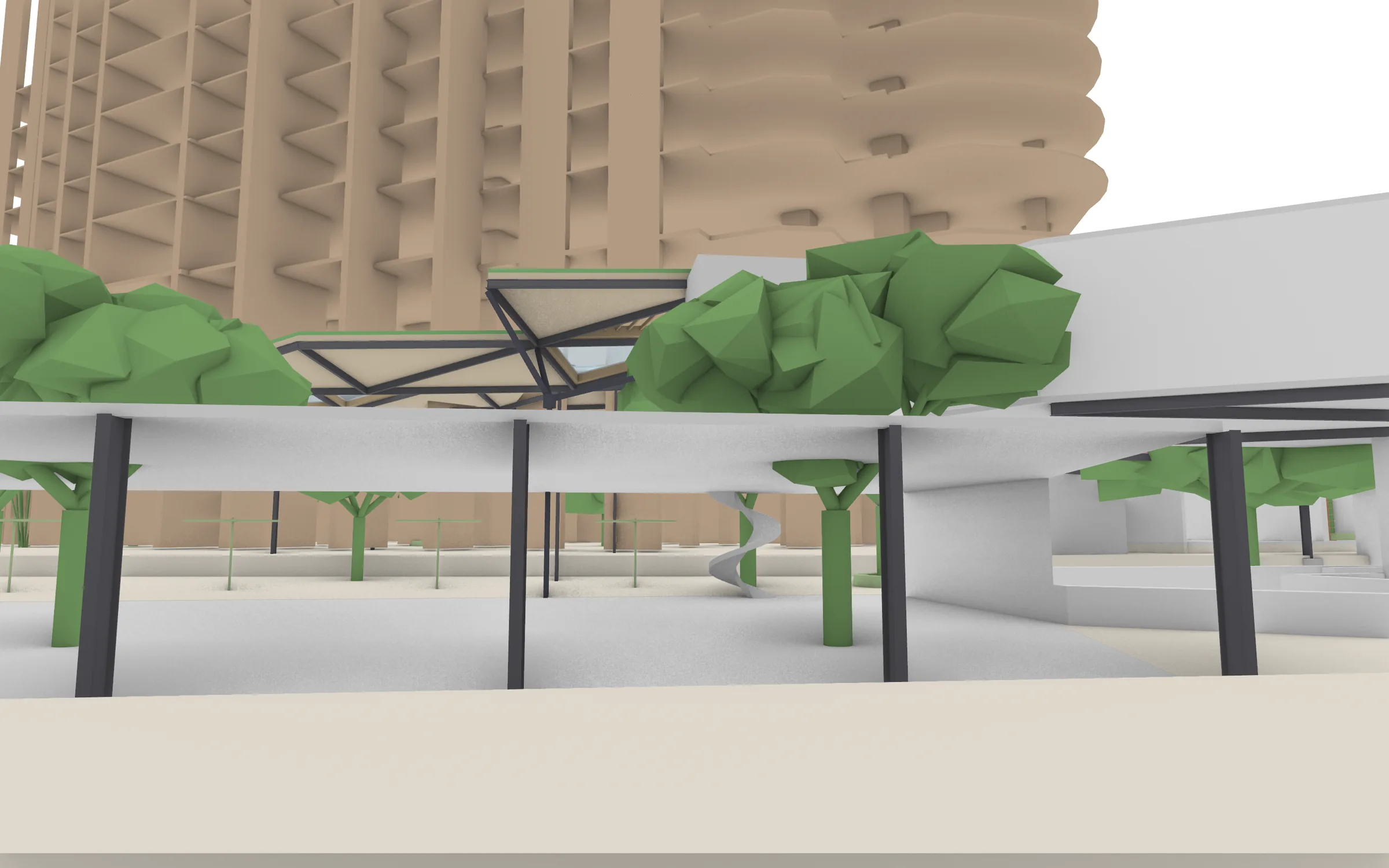 Under the hide: the ground steps down beneath the green roof on dark steel columns, the towers behind.
