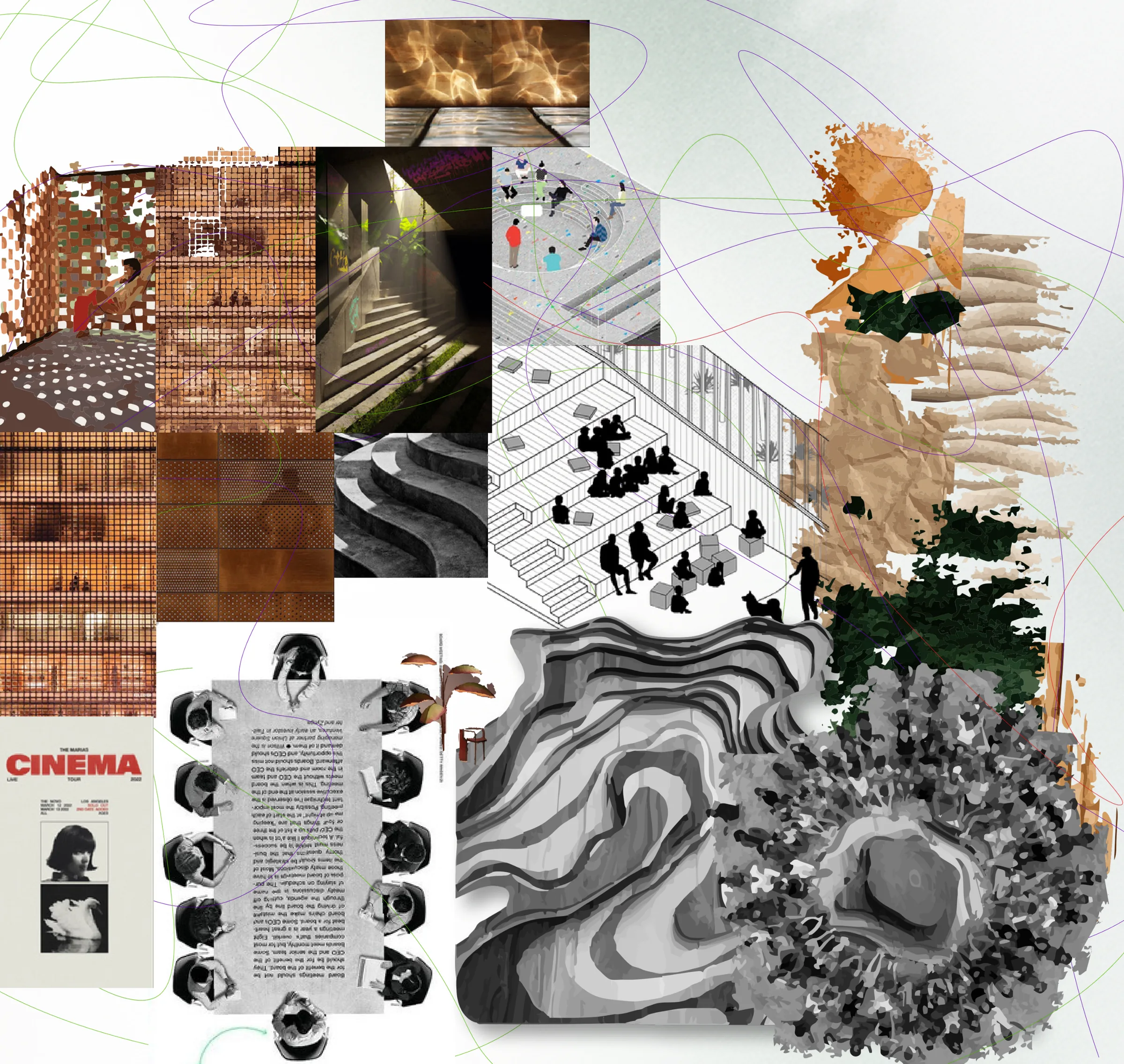 Moodboard of found references: perforated brick and Corten screens, stepped seating, terraced landscape and crowds.