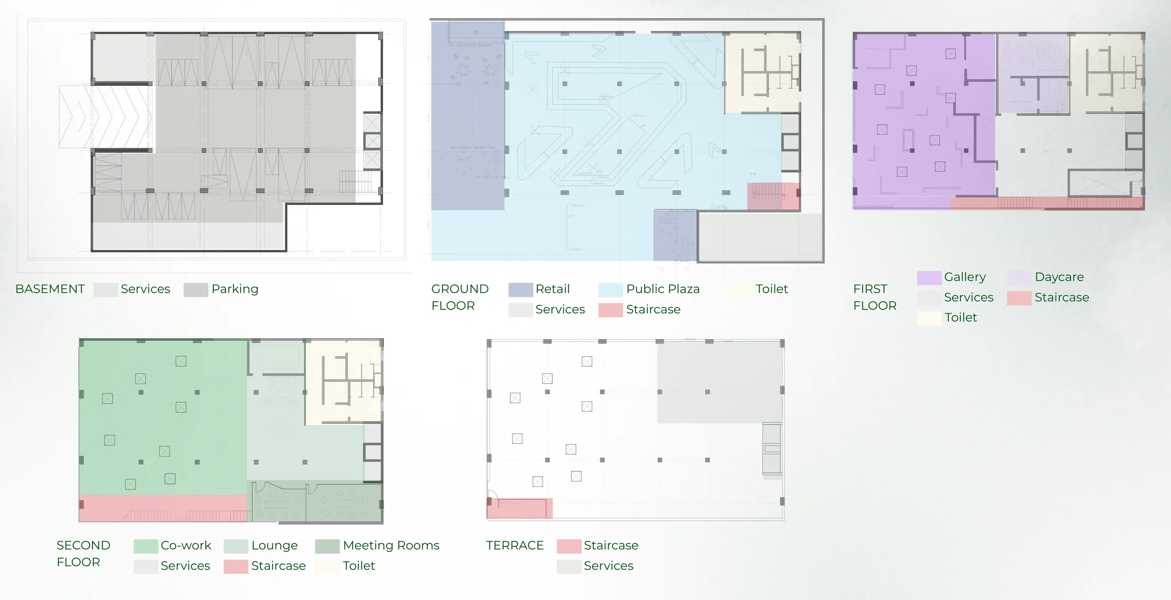 Colour-coded zoning plans for scheme 1 from basement to terrace: retail, public plaza, gallery, daycare, co-work, lounge and meeting rooms.