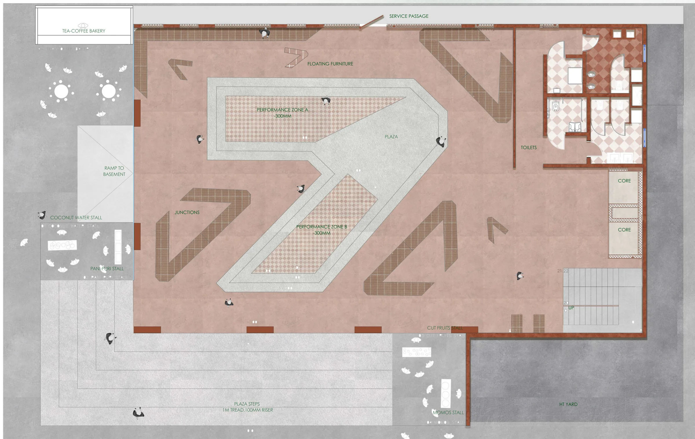 Ground-floor plan: a terracotta-floored public forum with two performance zones inlaid in the floor in the shape of the brand 7.