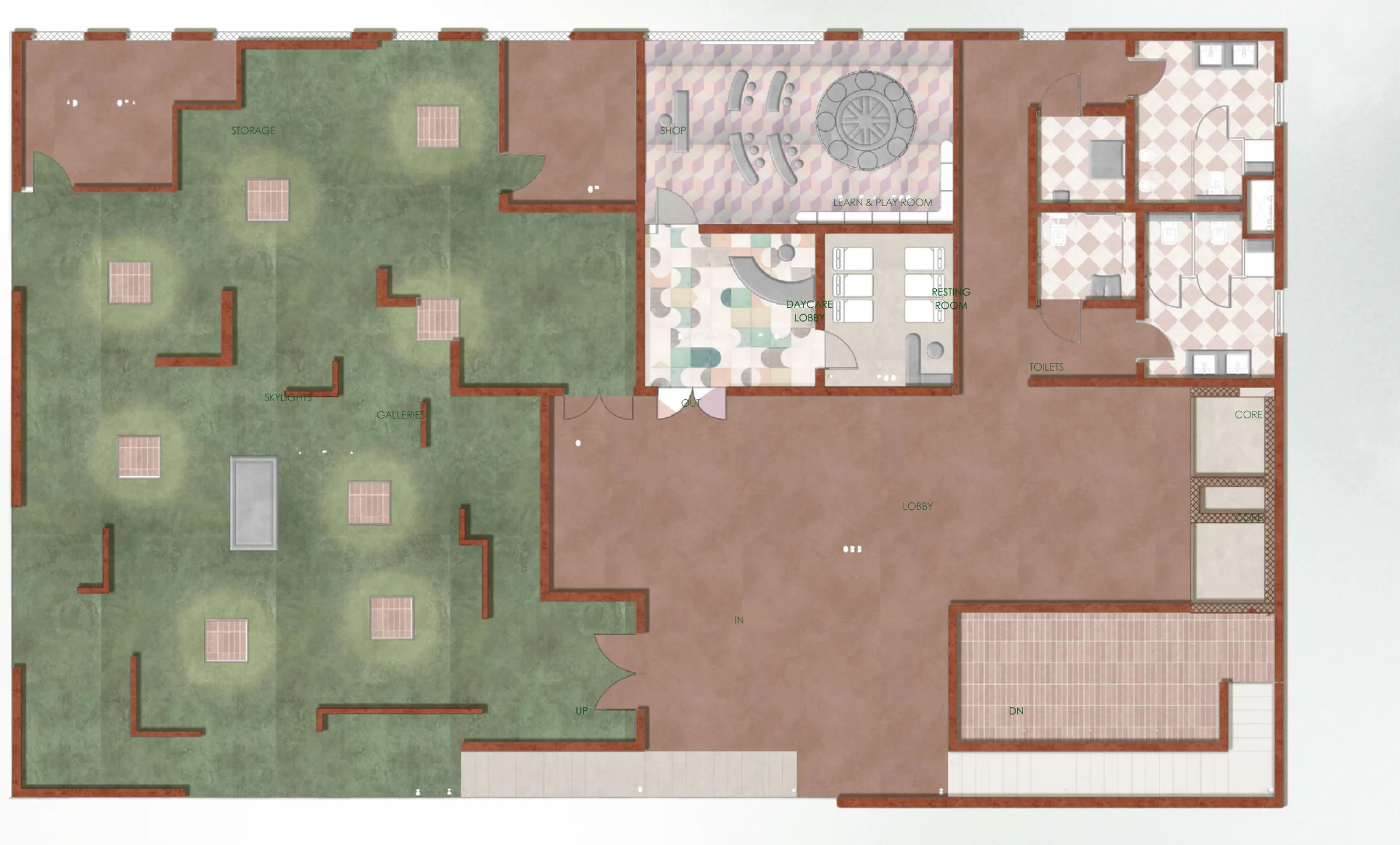 First-floor plan: a green gallery floor broken by staggered brick walls, with the daycare and services to the east.