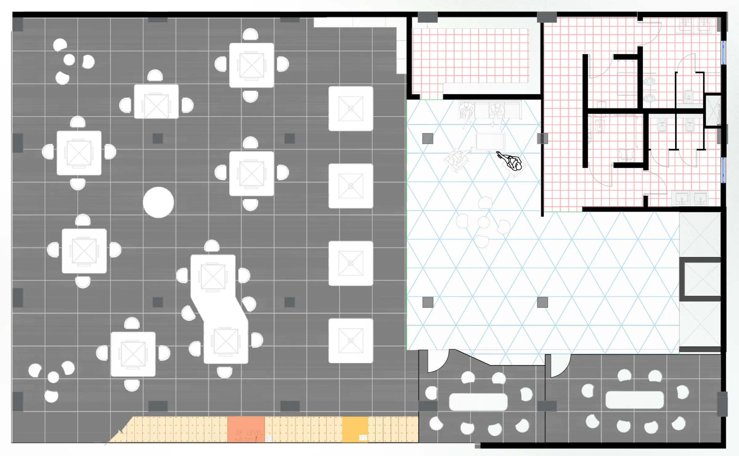 Second-floor flooring plan (working drawing): dark tiled co-working floor with white furniture, a triangular tile grid in the lounge and pink grid tiles in the wet areas.