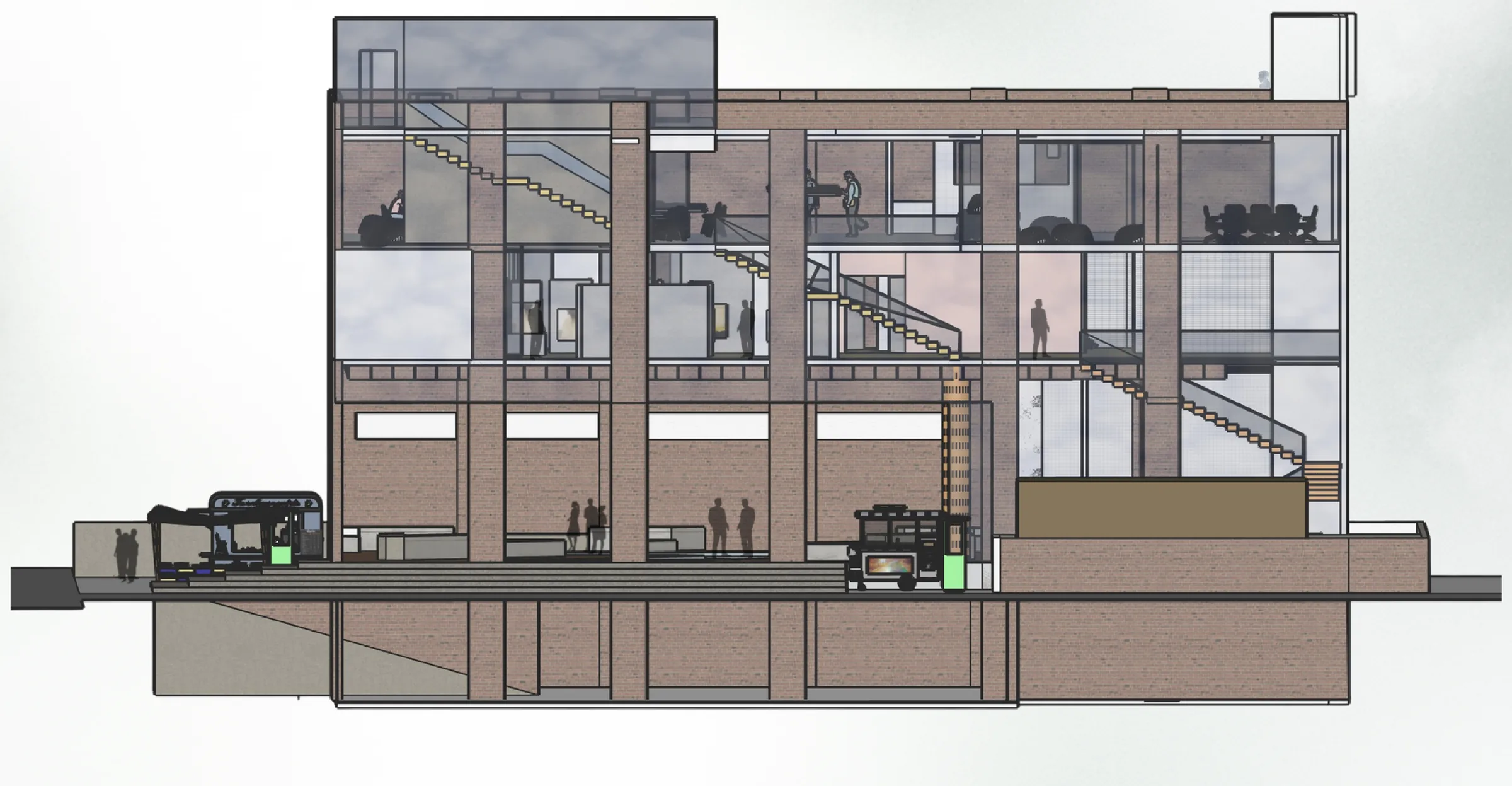 West elevation cut open: brick frame, stairs and floors of the existing building, kiosks at street level.