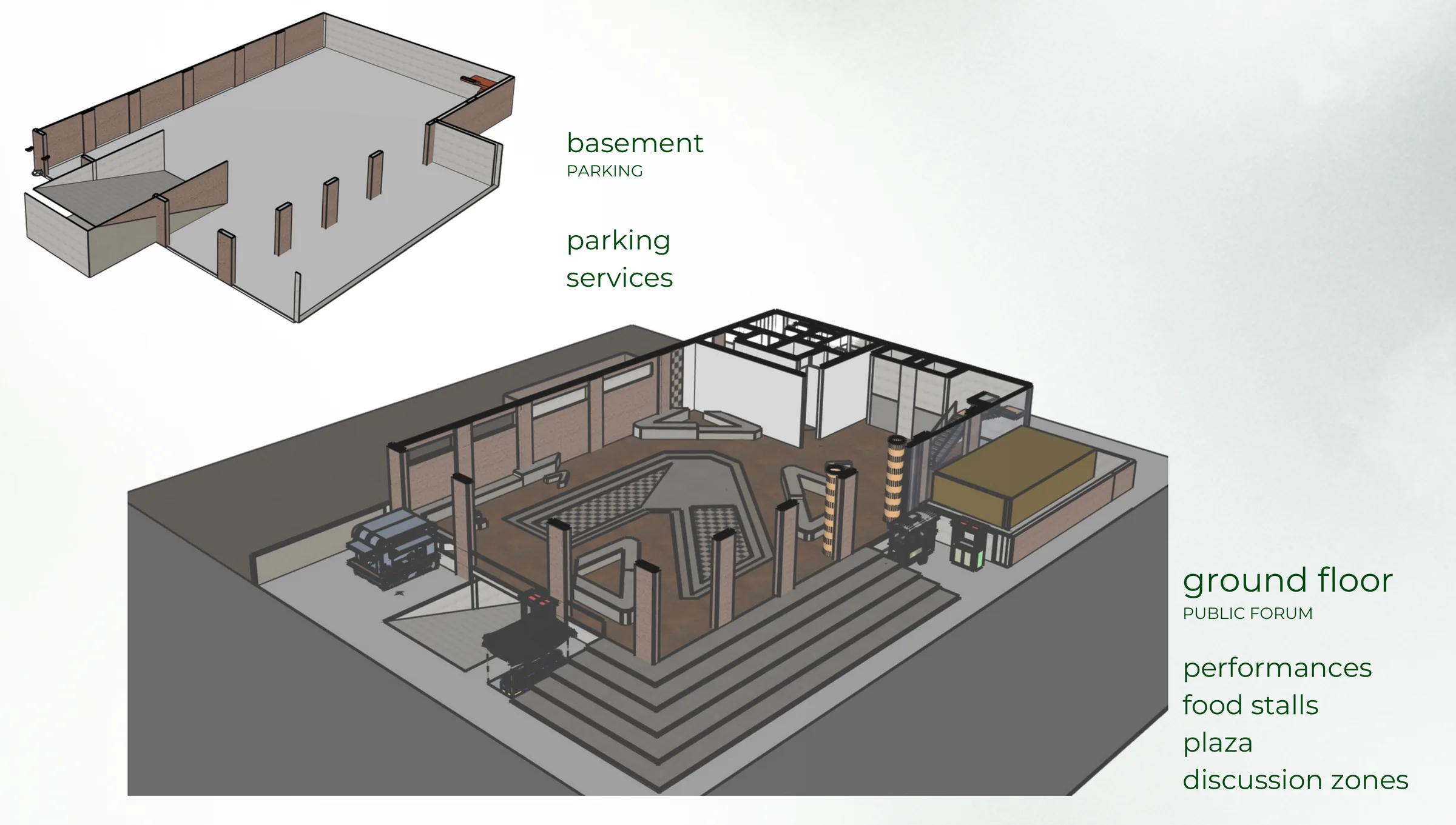 Isometric of the ground-floor public forum (performances, food stalls, plaza, discussion zones) with the basement shell lifted above.
