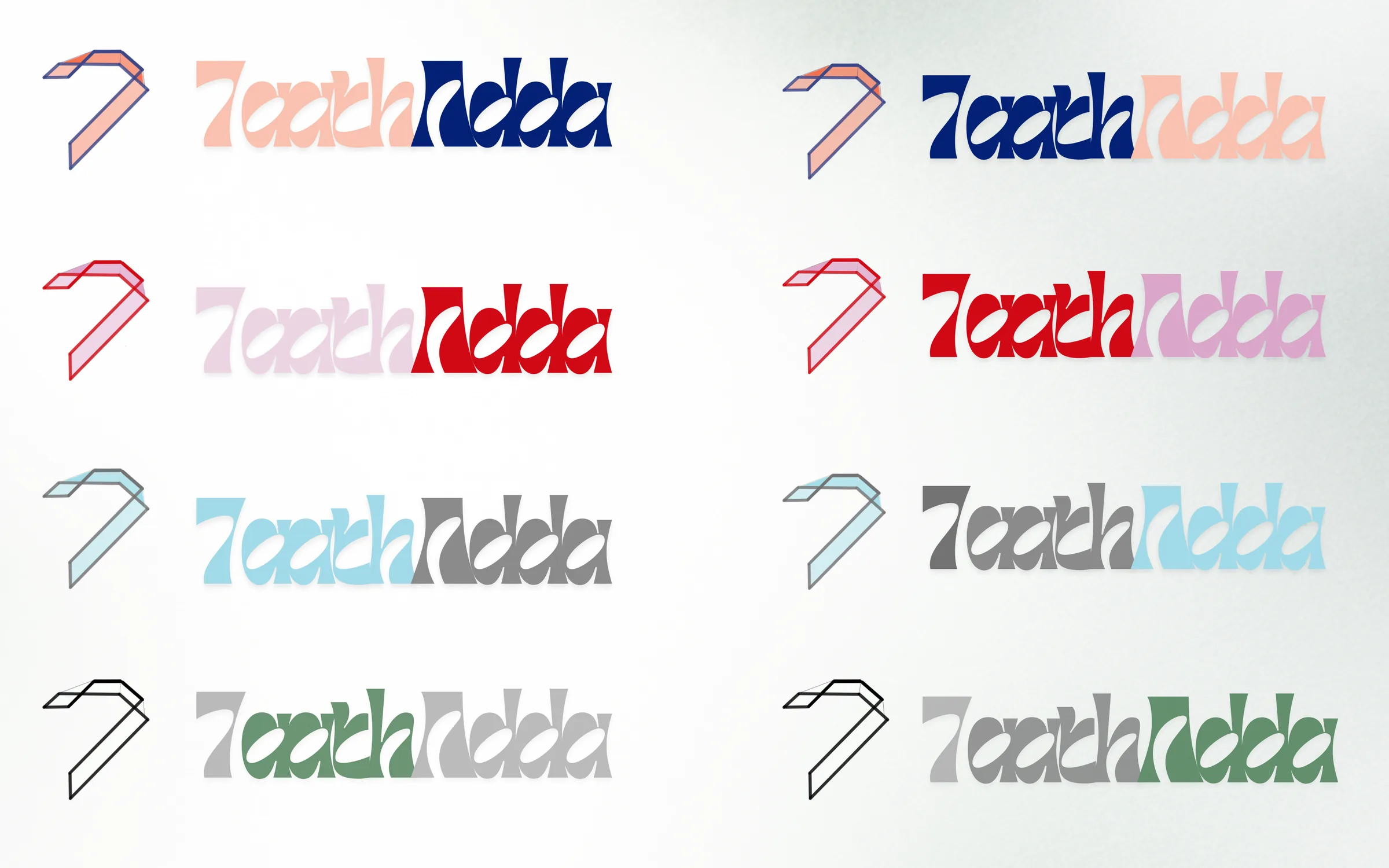 The 7aathAdda logo: a folded-ribbon 7 beside the wordmark, shown in eight colourways.