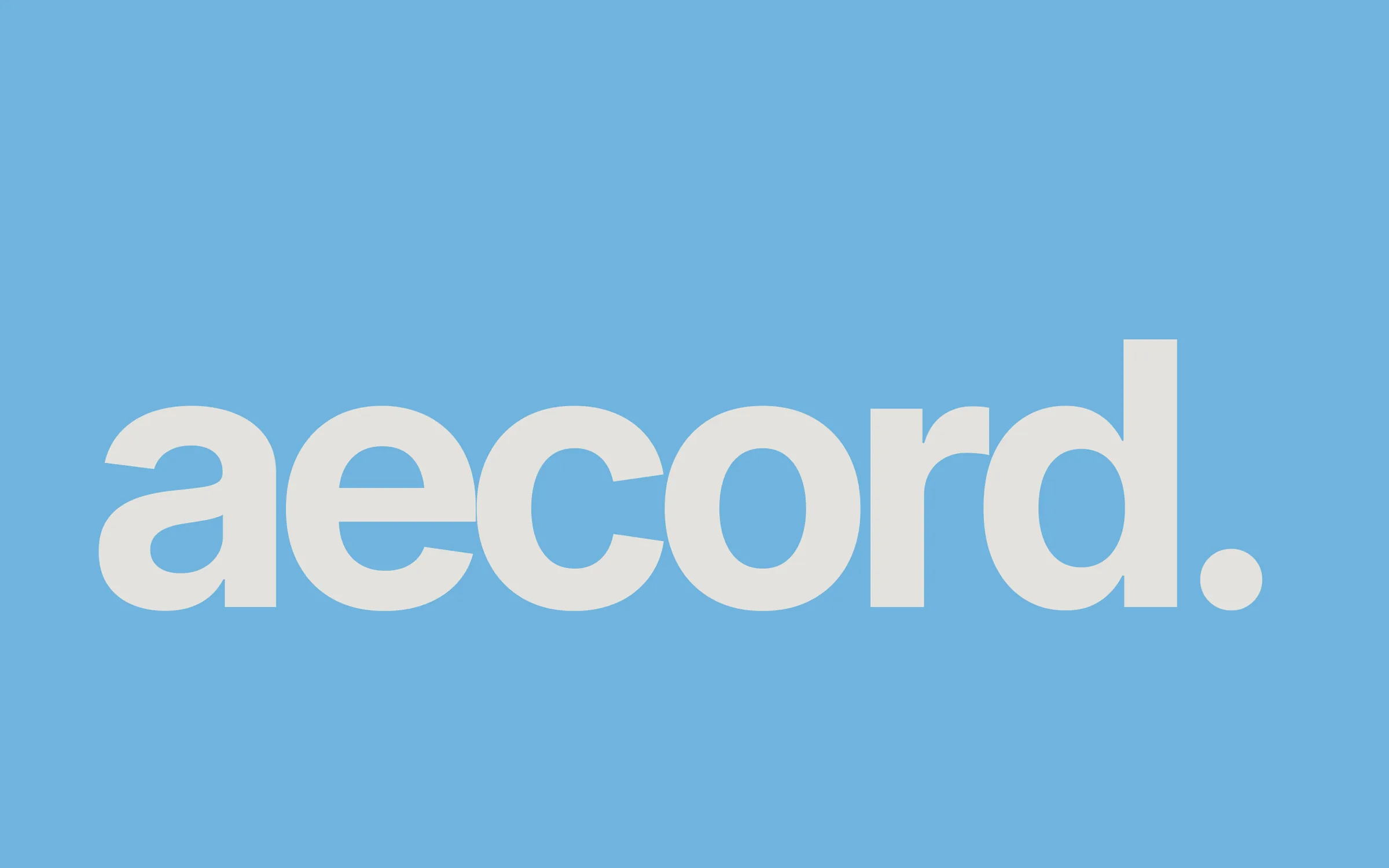 The AECORD wordmark, 'aecord.' in large off-white letters on sky blue, from the cover of the pitch deck