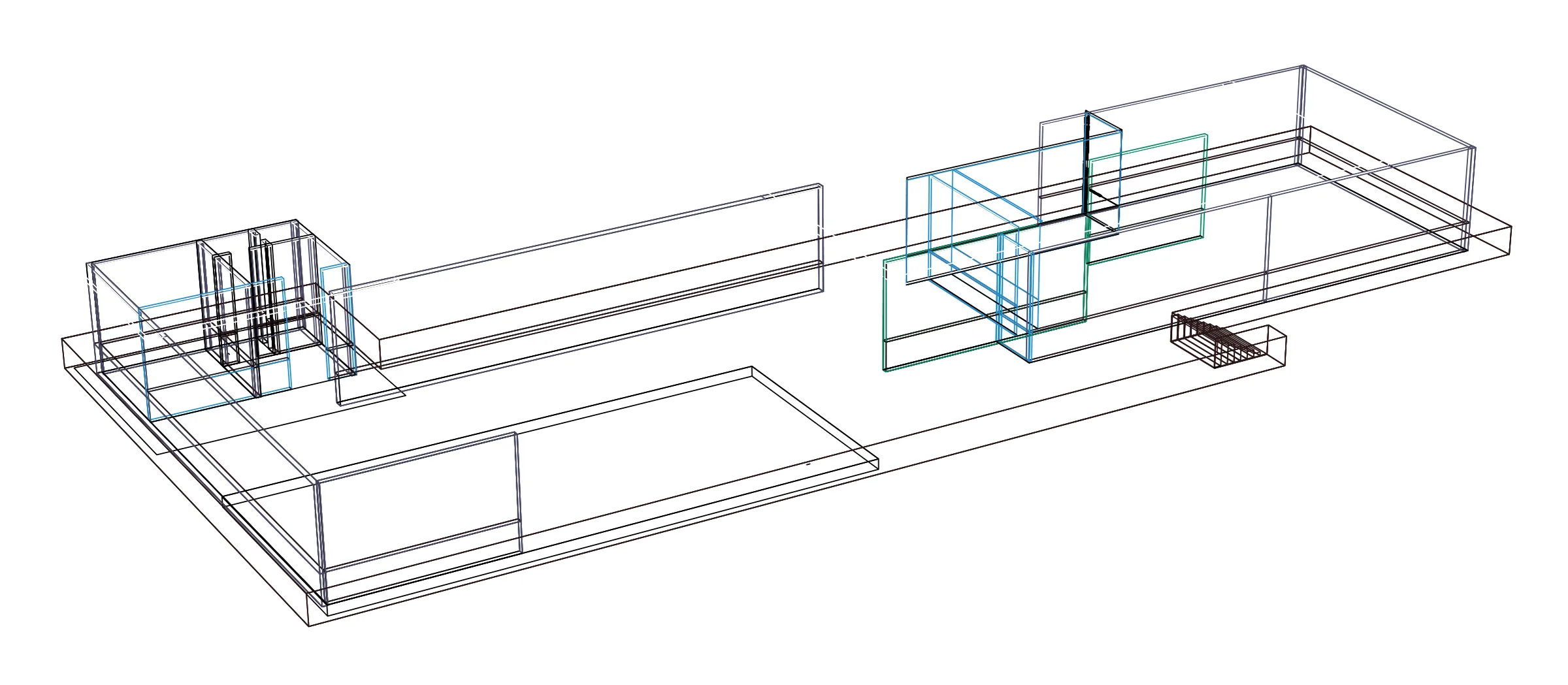 Barcelona Pavilion (Mies van der Rohe, 1929) rebuilt in Rhino 8: isometric wireframe with the glass planes in blue