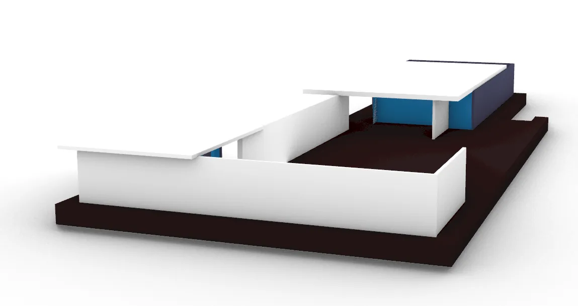 Rhino viewport render of the Barcelona Pavilion model: white walls and roof slabs on a dark plinth, blue glass