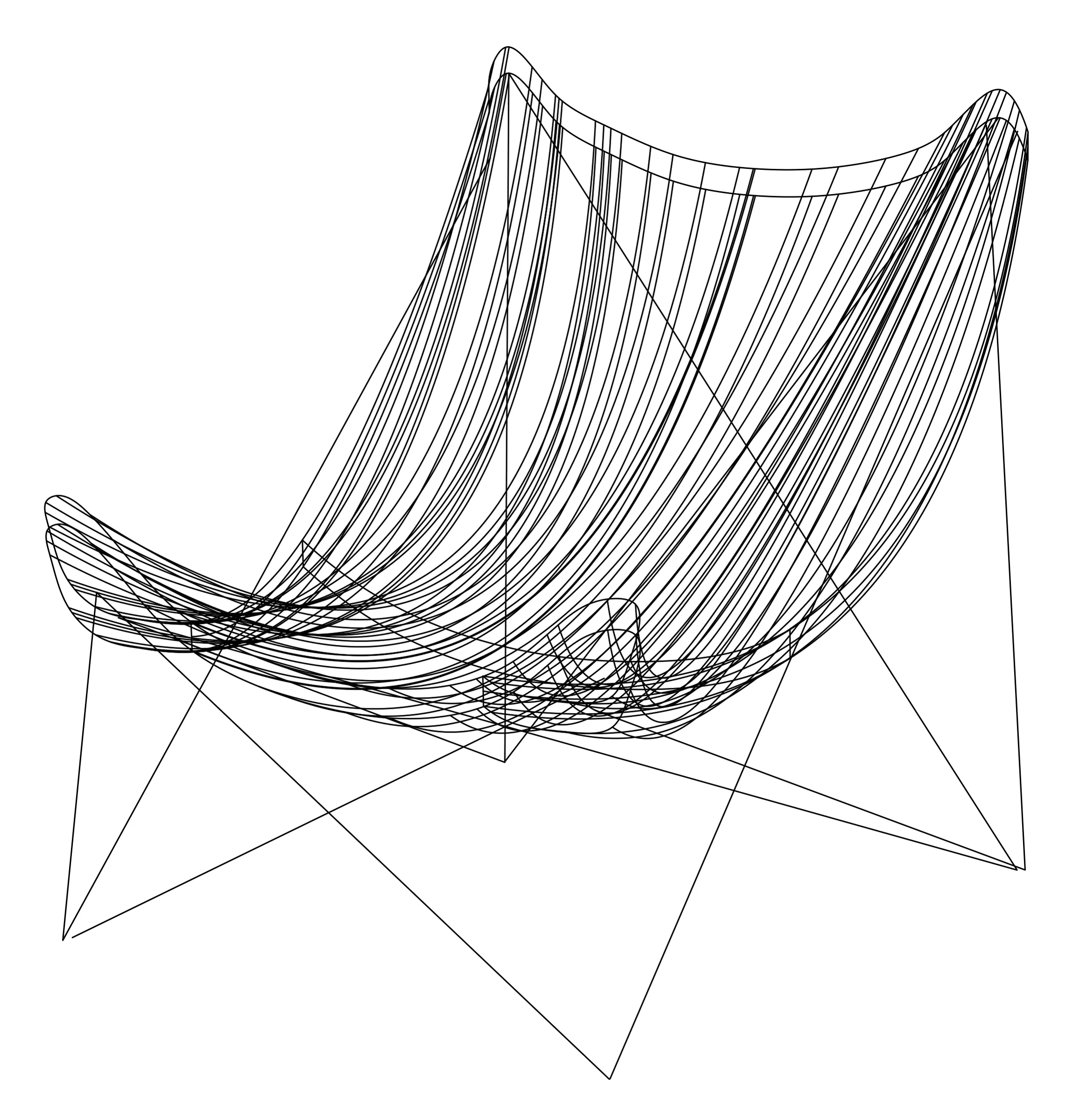 Butterfly (BKF) chair remodelled in Rhino: perspective wireframe of the slung seat over the steel frame