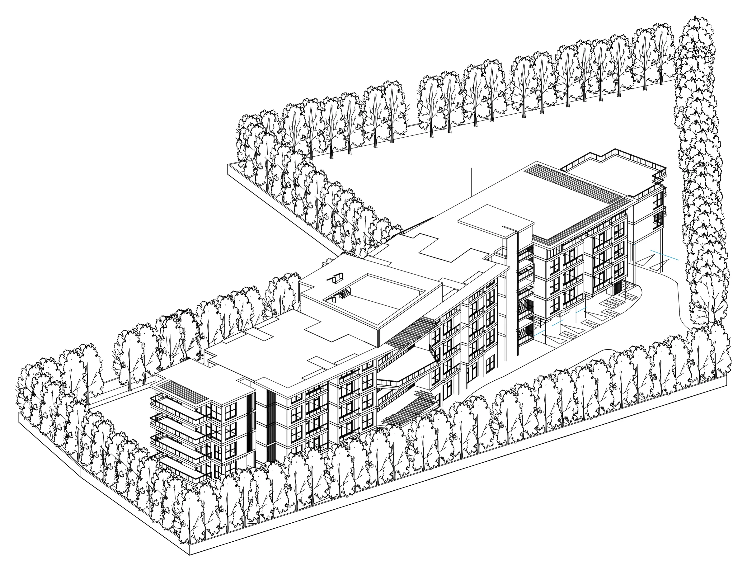 Isometric line drawing of the housing cluster in its site, ringed by trees (the BIM portfolio cover image)
