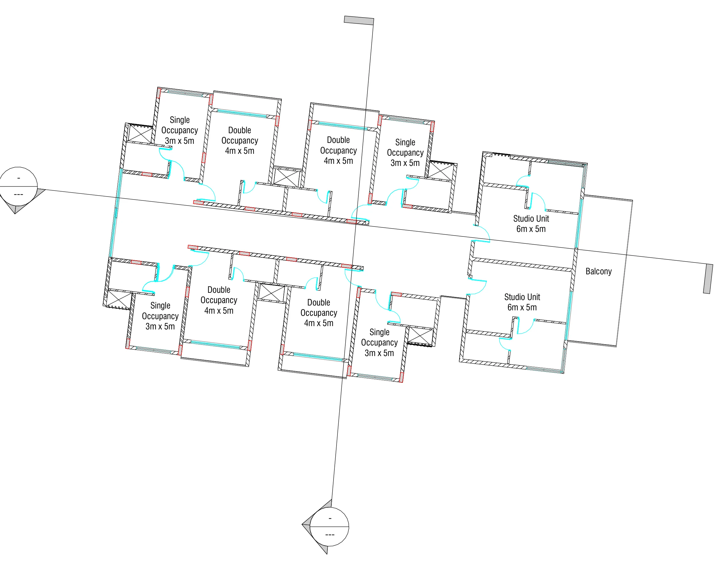 Revit ground floor plan of the cluster: single and double occupancy rooms (3x5 m, 4x5 m) and studio units (6x5 m)