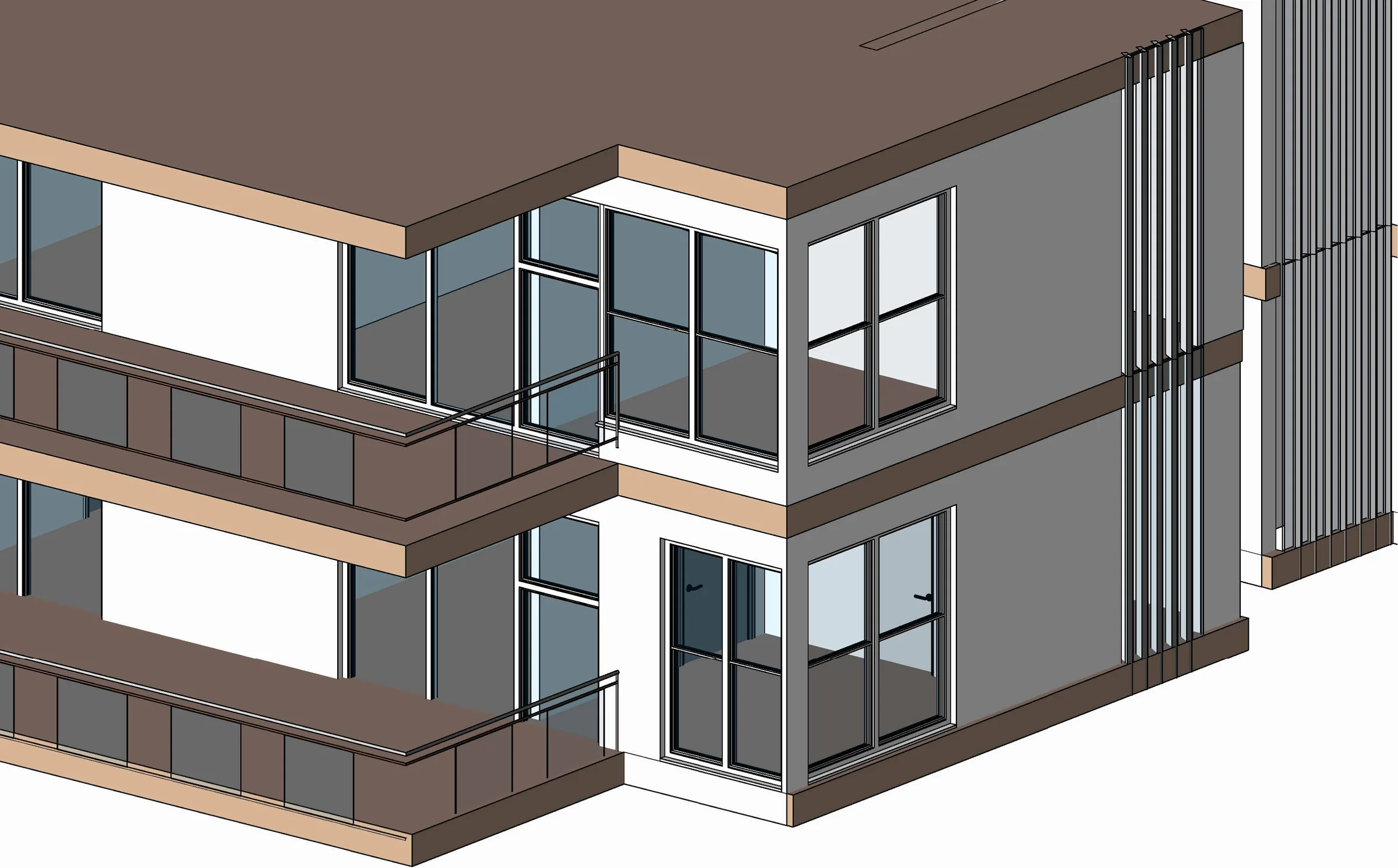 Revit 3D view of the housing block: balconies, glazing and vertical louvres