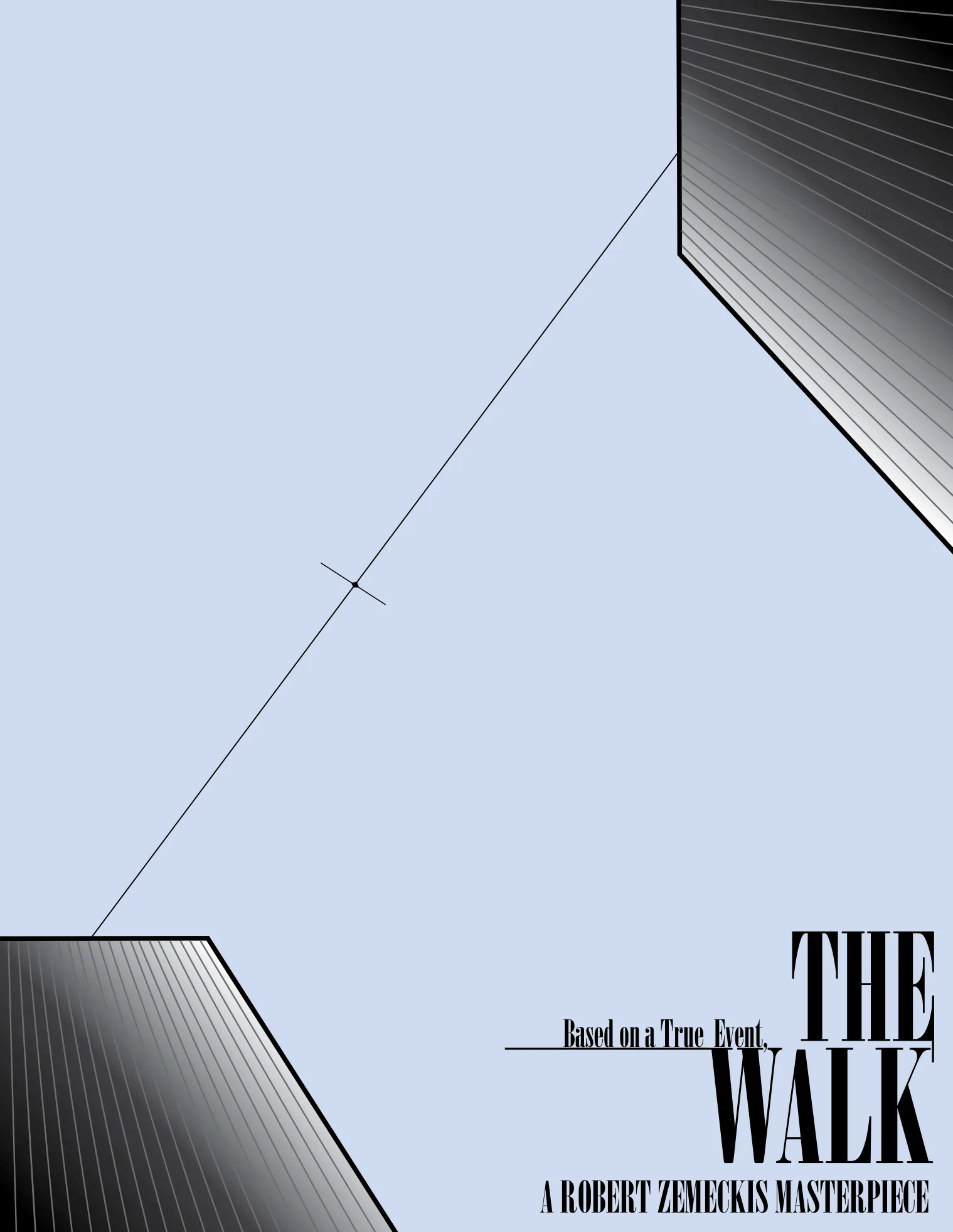 'The Walk' minimalist movie poster in Illustrator: a tightrope line between two gradient towers on pale blue