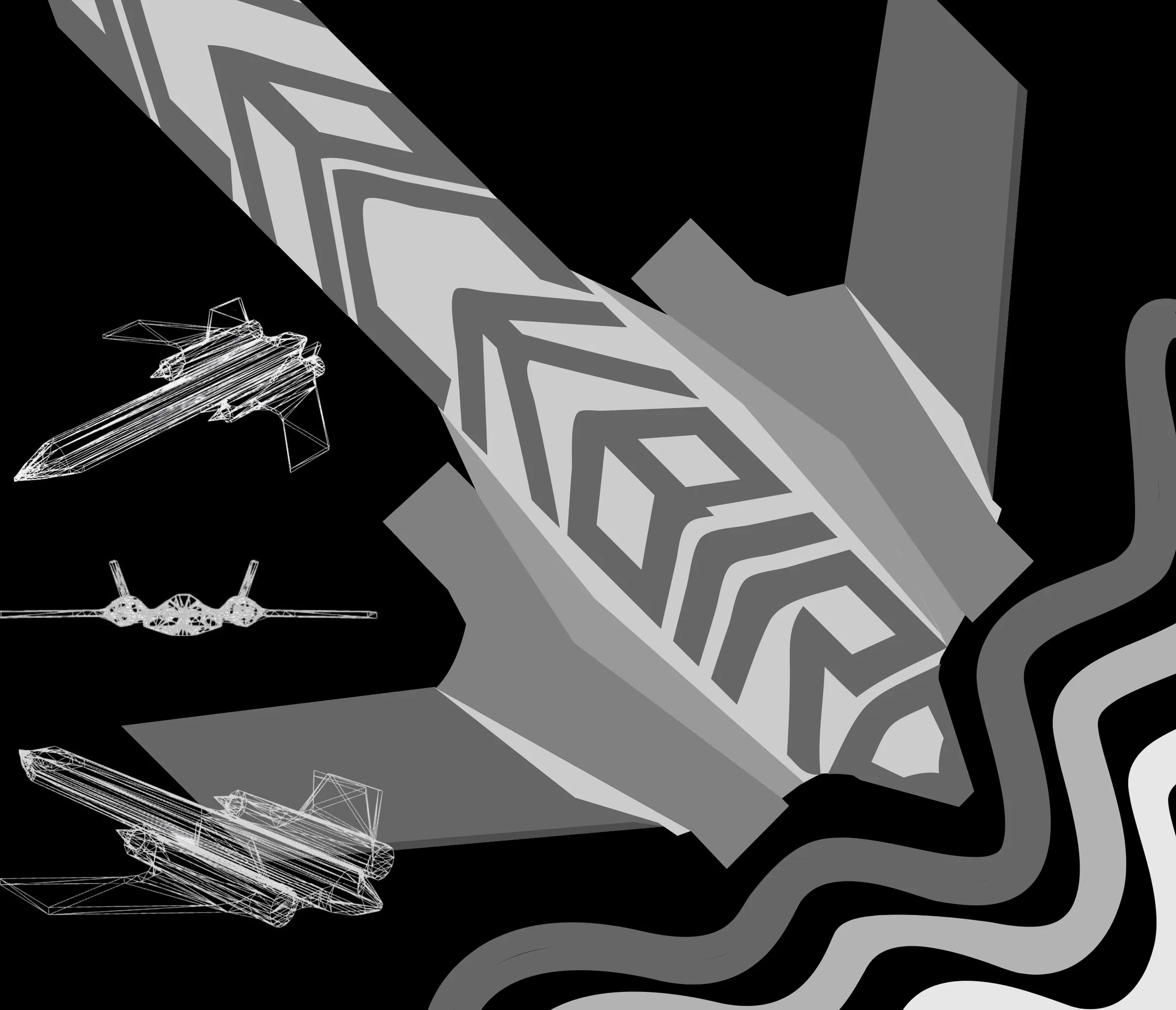 Blackbird poster (Illustrator): the jet as a flat chevron-patterned graphic with Rhino wireframe views and wave bands; the copy block at the top is cropped out