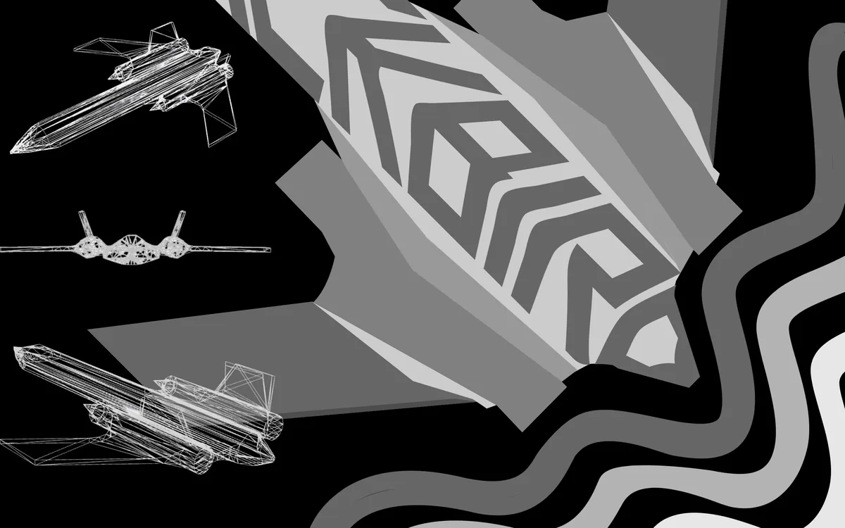 Blackbird poster detail: a grey jet with bold chevron patterns on black, white Rhino wireframe views of the jet at left and black-and-white wave bands at lower right