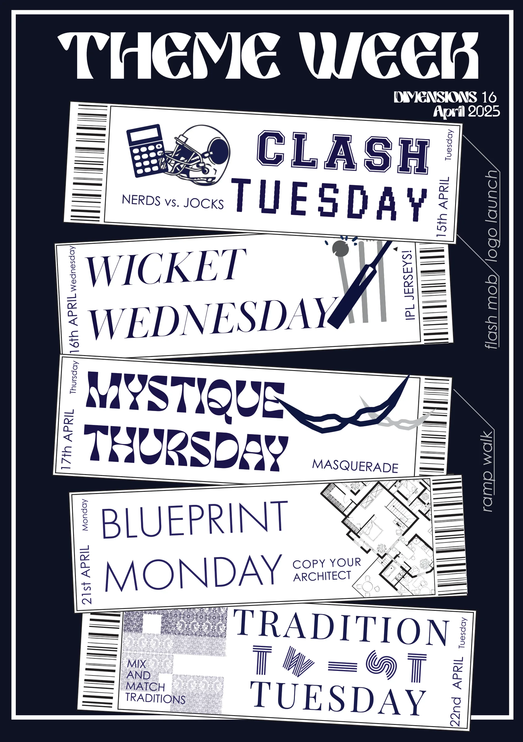 Final Theme Week poster: five skewed ticket stubs, one per theme day (15 to 22 April 2025), each with its own typeface and a small line icon, navy on white on a navy ground