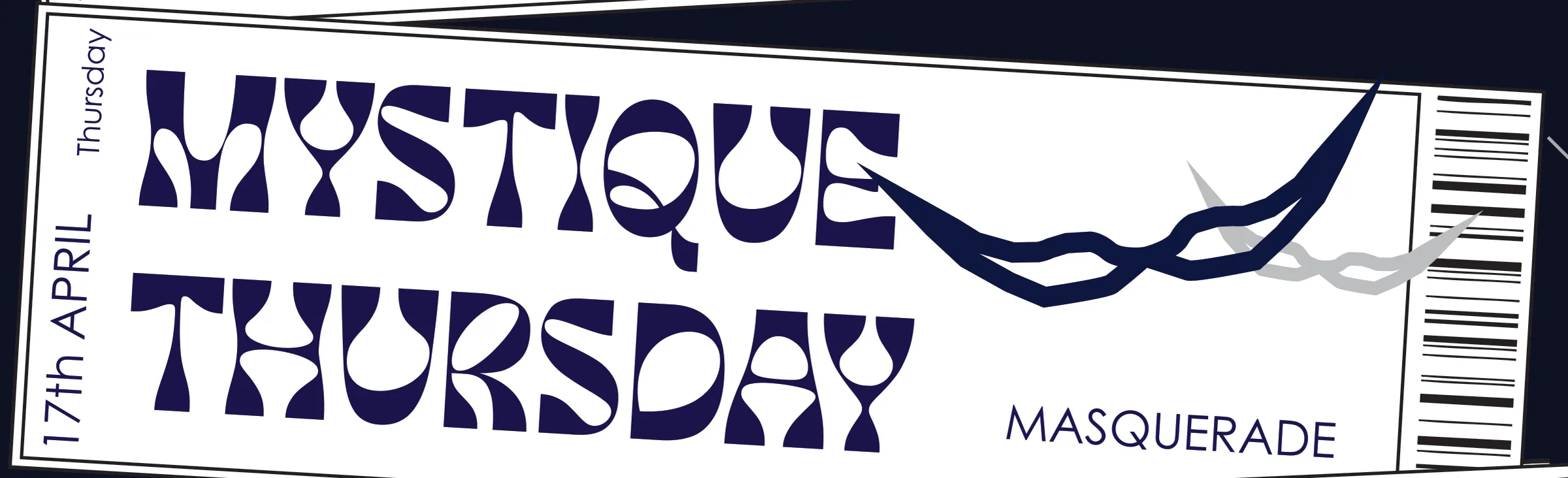 Ticket detail: Mystique Thursday (masquerade), a flared display face with a drawn mask, 17 April